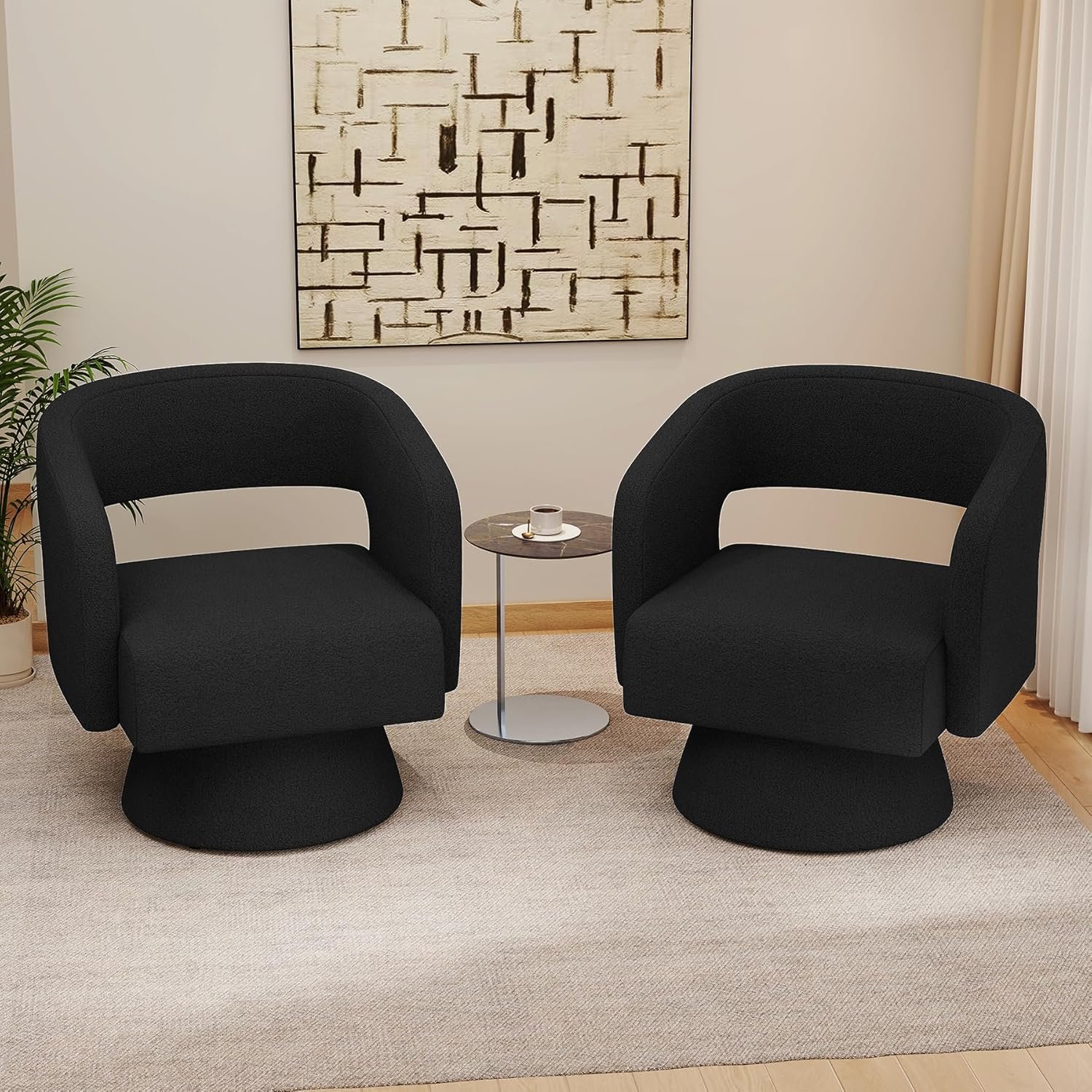 Nebuaegis Swivel Accent Chair Set of 2, Modern Comfy Teddy Barrel Chairs, Oversized Upholstered Round Arm Chair for Living Room, Bedroom, Reading Room, Black
