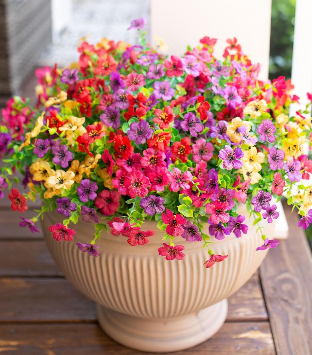 HyeFlora Artificial Flowers for Outdoor Indoor Garden Home Decoration, Faux Flower Daisy with Eucalyptus Leaves Fake Plants Greenery Boxwood Porch Patio, 12 Bundles (Mix Pink Red Purple Yellow)
