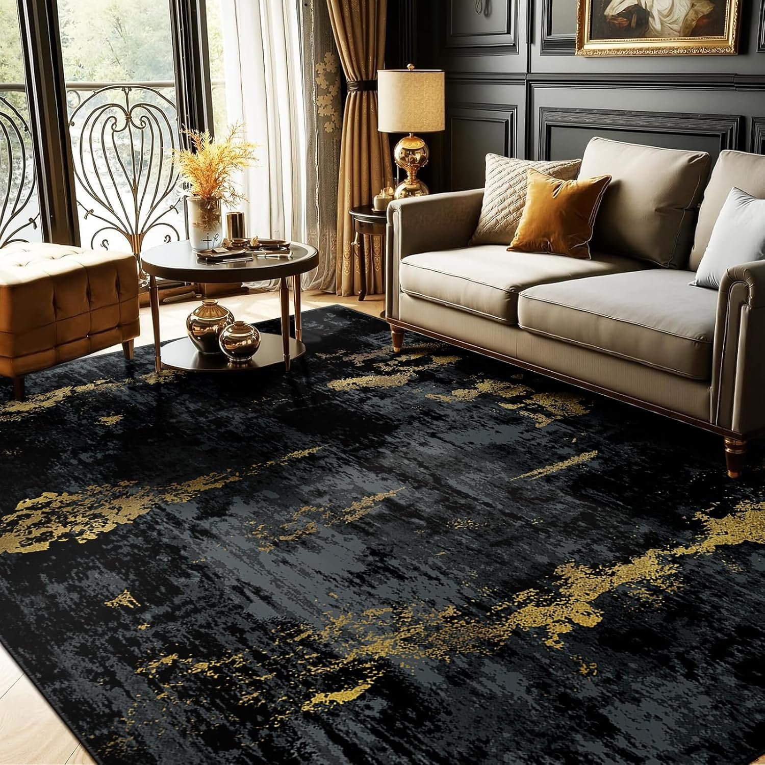RELEANY Washable Area Rugs 5’x7′ Non-Slip Modern Abstract Soft for Living Room Entryway Bedroom Nursery, Print Pattern, Dark Black Gold