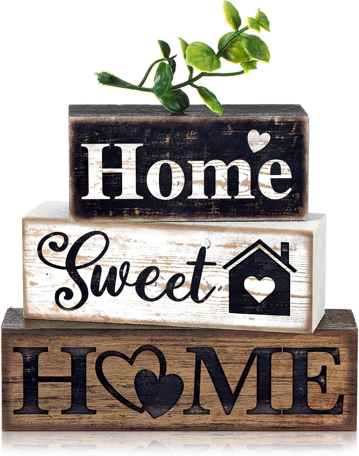 Moucuny 4 Pcs Farmhouse Wooden Tabletop Decor Farmhouse Tiered Tray Decor Rustic Eucalyptus Leaves Wood Block Sign Gift Sweet Home Centerpiece Home Table Decortion