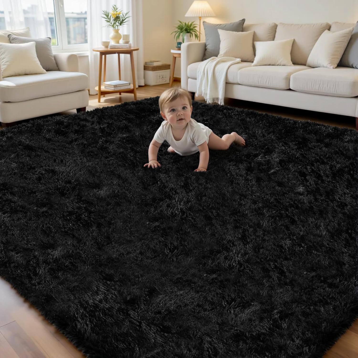 6×9 Area Rug for Living Room, Ultra Soft Fluffy Shag Rugs for Bedroom, Non-Slip Large Fuzzy Plush Rug Indoor Floor Carpet for Nursery Kids Office Dorm Modern Decor, Black