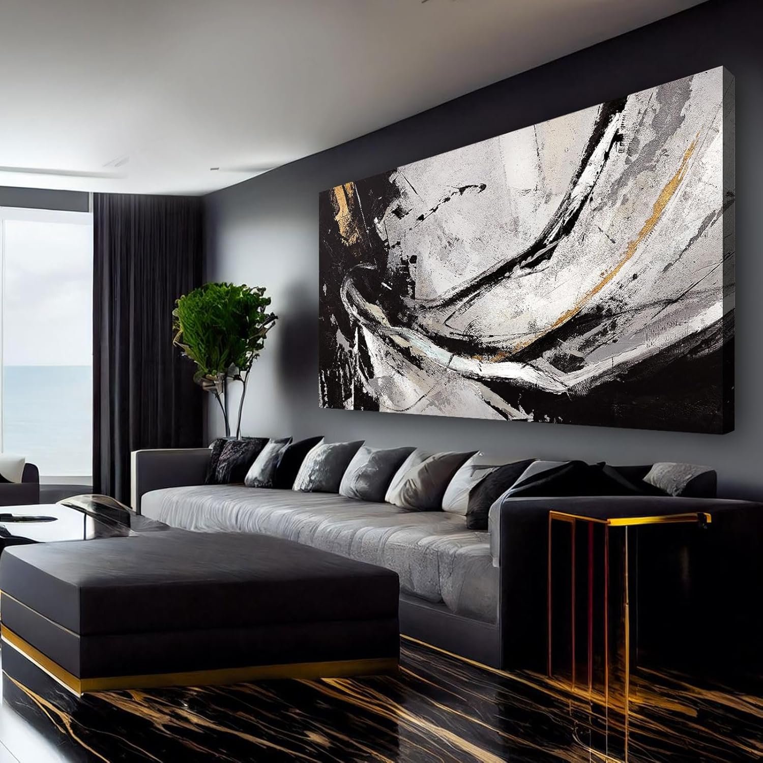 XIANSHOU Abstract Canvas Wall Art Gold Decoration Black Art for Living Room Bedroom Kitchen Home Wall Decor 29×58 Inch