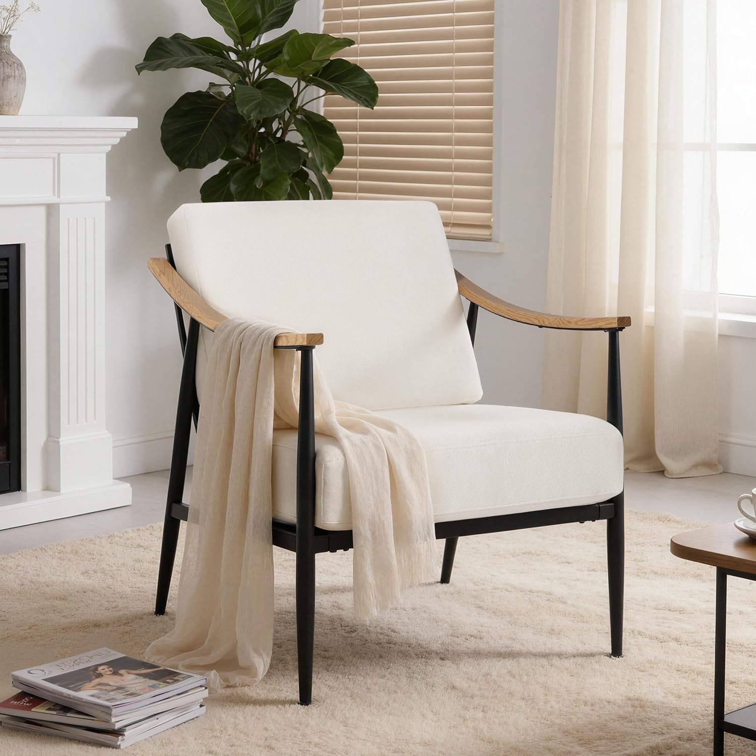 RNKSFX Modern Accent Chair for Living Room Bedroom Mid Century Arm Chair Upholstered Office Accent Chair Comfy Waiting Room Chair with Metal Frame, Cream White