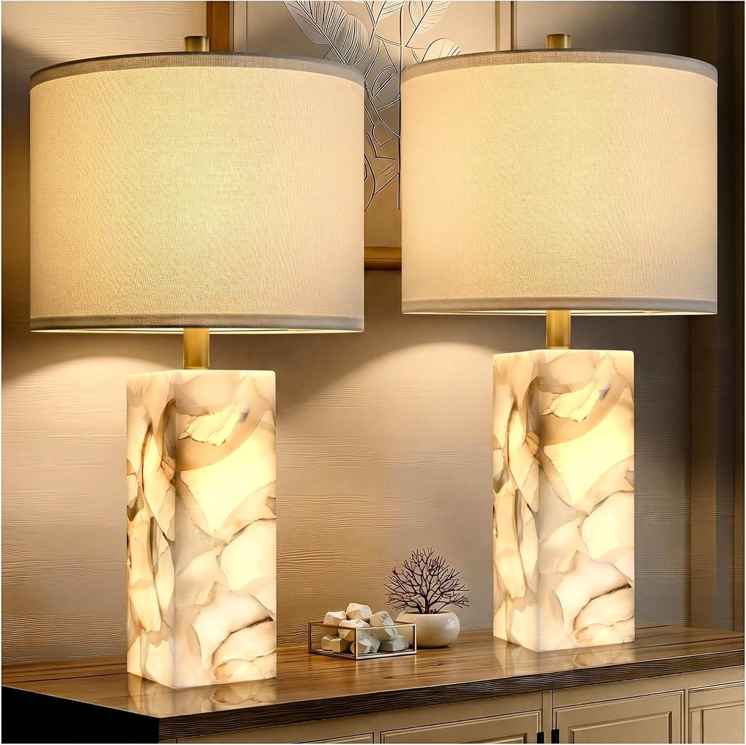 Scenekoy Alabaster Table Lamp Set of 2 with Night Light for Bedroom Living Room, 23″ Rotary Switch Bedside Lamp with Linen Shade, Modern Nightstand Lamps for Room Office Dorm (Bulb Included)