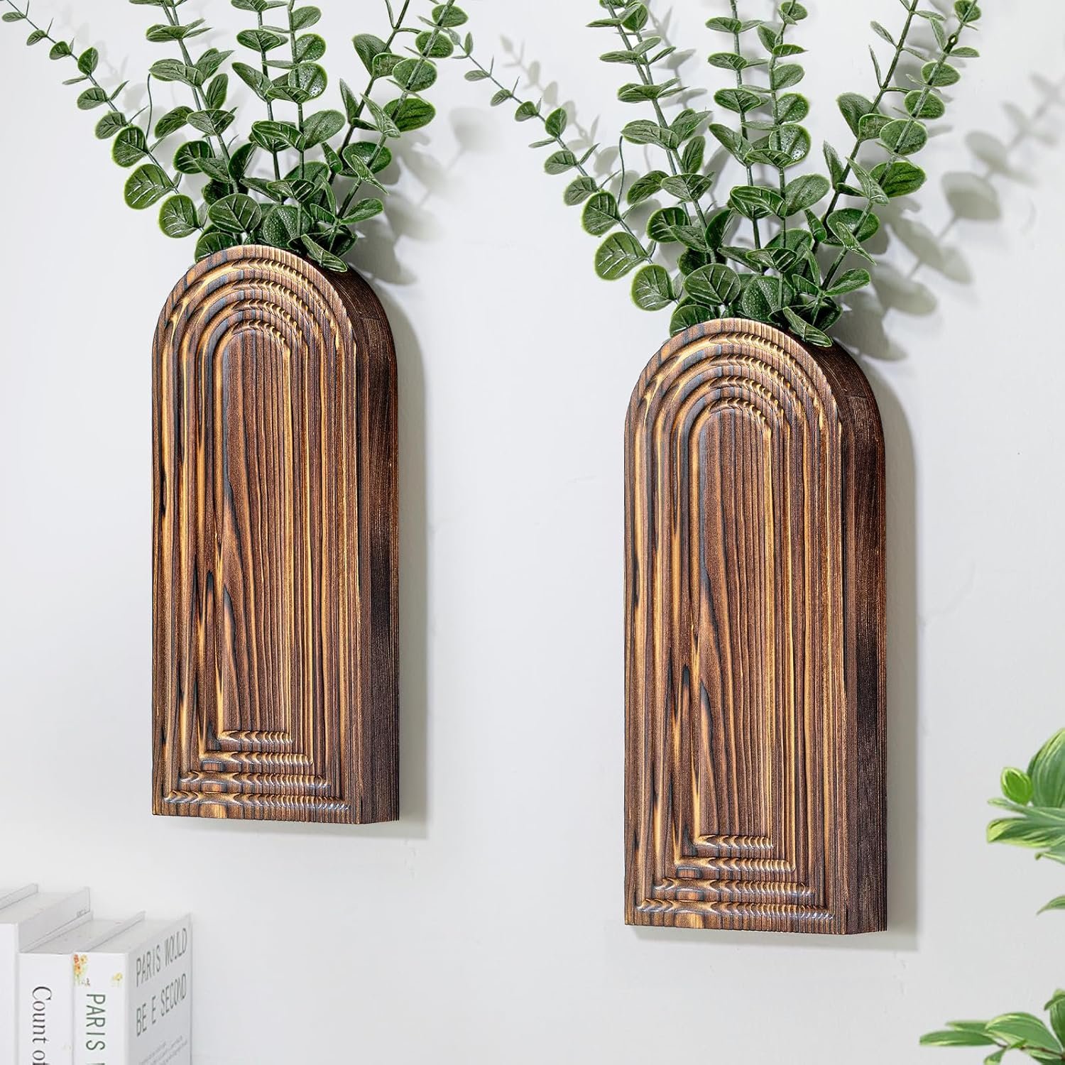 Wooden Wall Planter Vase Set of 2, Boho Hanging Planter for Indoor Plants & Flowers, Natural Wood Wall-Mounted Planters for Art Home Decor – Living Room, Bedroom, Bathroom, Patio (Brown)