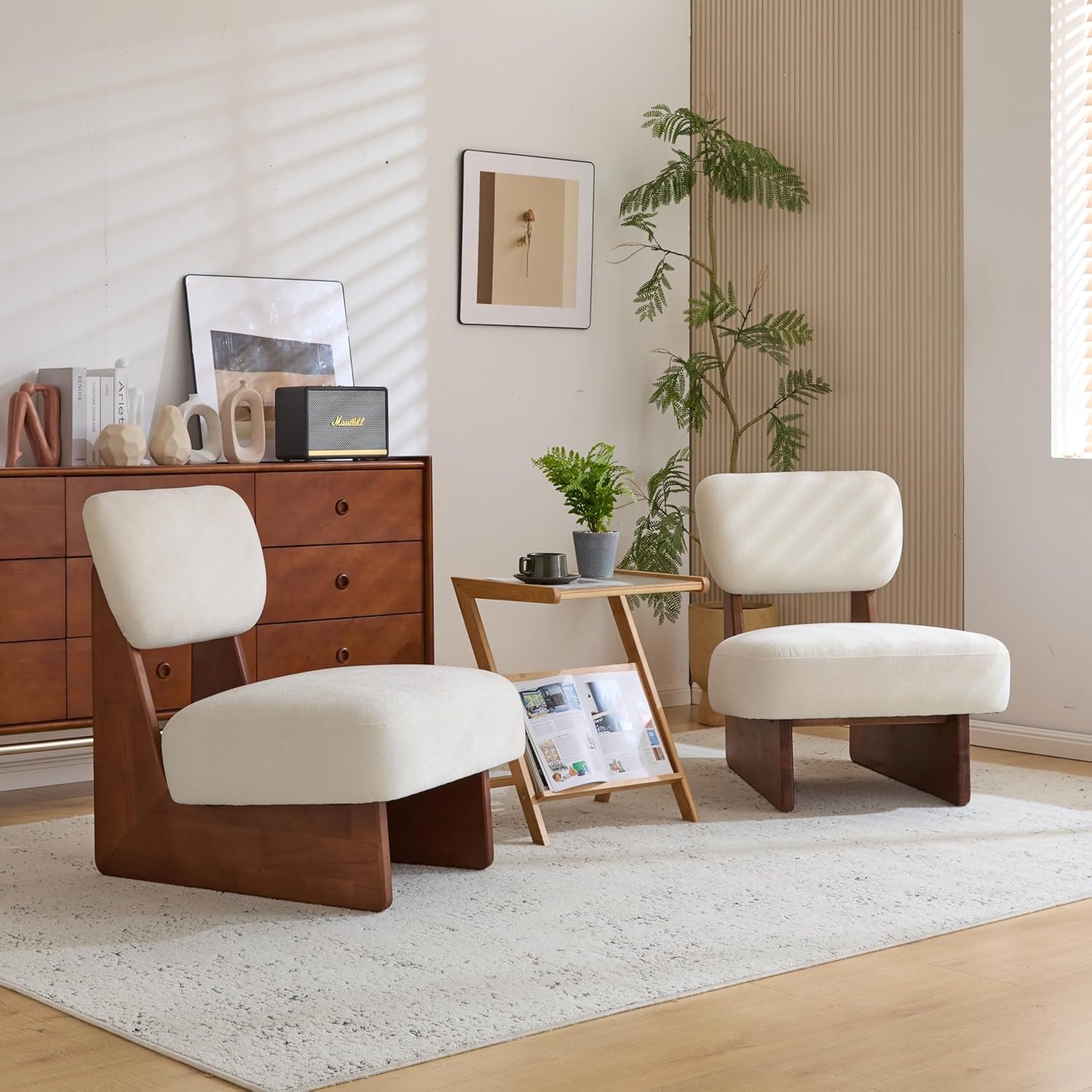 Christopher Knight Home Mores Low Profile Accent Chair Set of 2, Modern Living Room Armless Lounge Chair, Fabric Comfy Reading Chair for Bedroom, Wooden Frame and Thick Padded Seat, White+Walnut