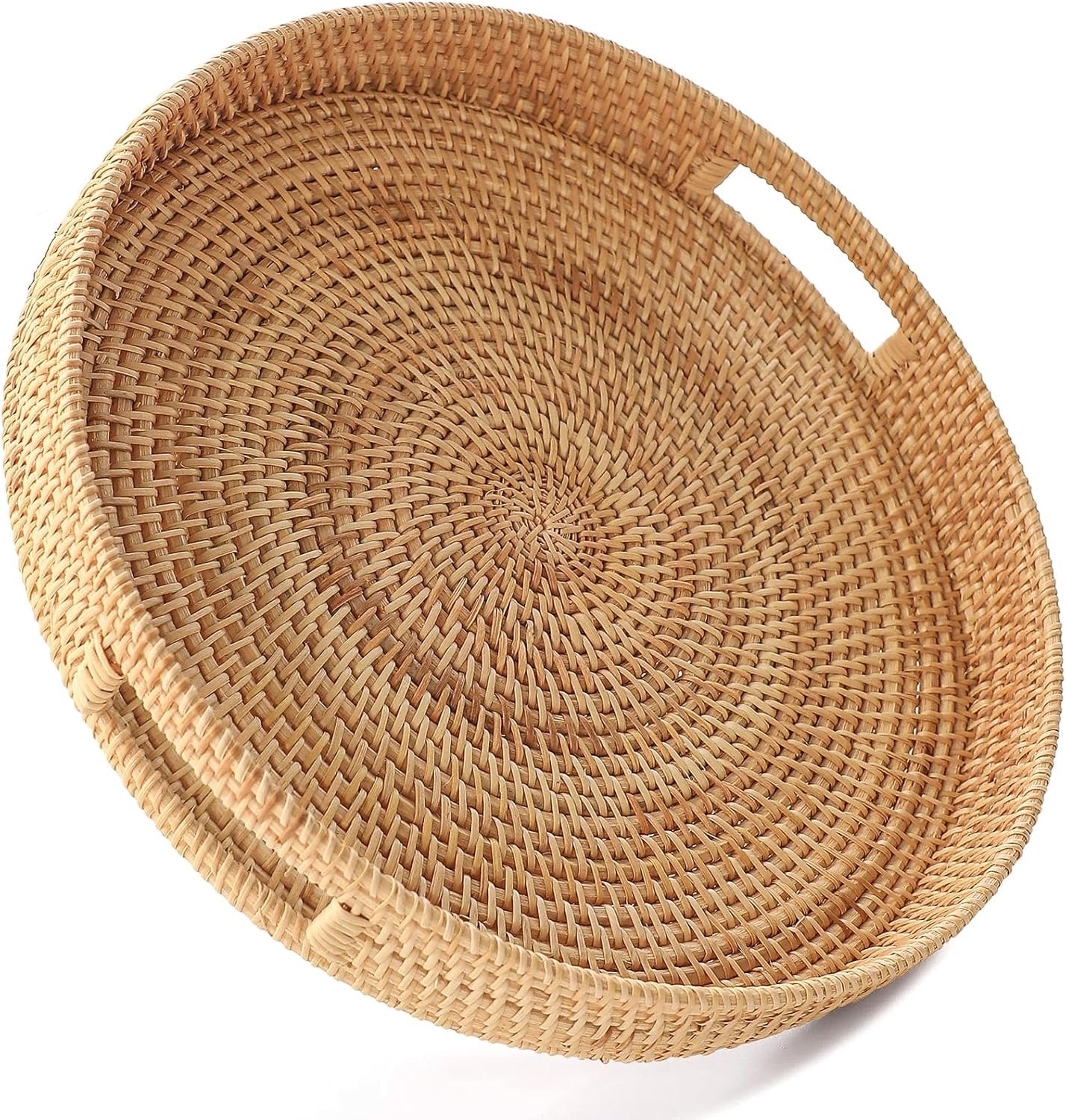 HITOMEN 11.8″ Hand-Woven Round Rattan Serving Tray Decorative Wicker Trays with Handles for Coffee Table (Natural-M)