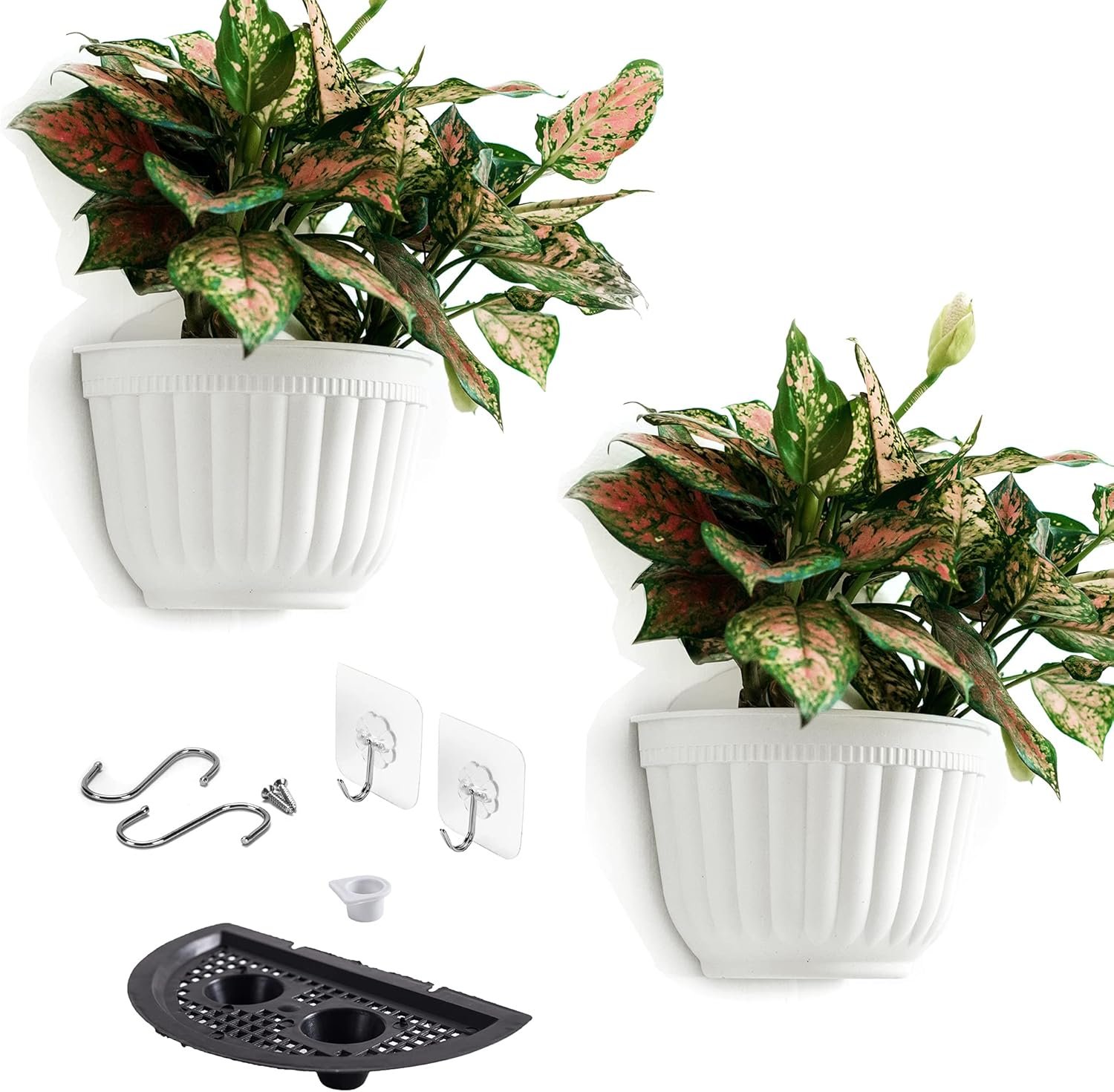 2 Pack White Plastic Wall Hanging Planters for Indoor Plants Wall Hanging Plant Holder with Drainage Hole Balcony Planters Railing Hanging Pot Fence Vertical Living Wall Mount Decor with Hooks