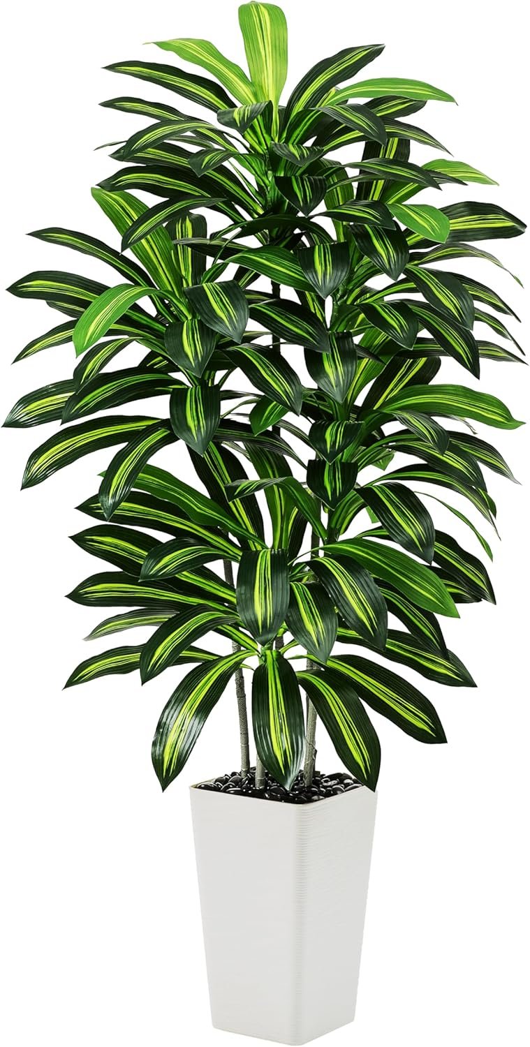 Artificial Dracaena Tree – 5FT Tall Fake Plants with White Tall Planter – Artificial Plants Indoor Floor Plant in Pot – Large Tropical Fake Yucca Potted Tree for Home Office Living Room Decor