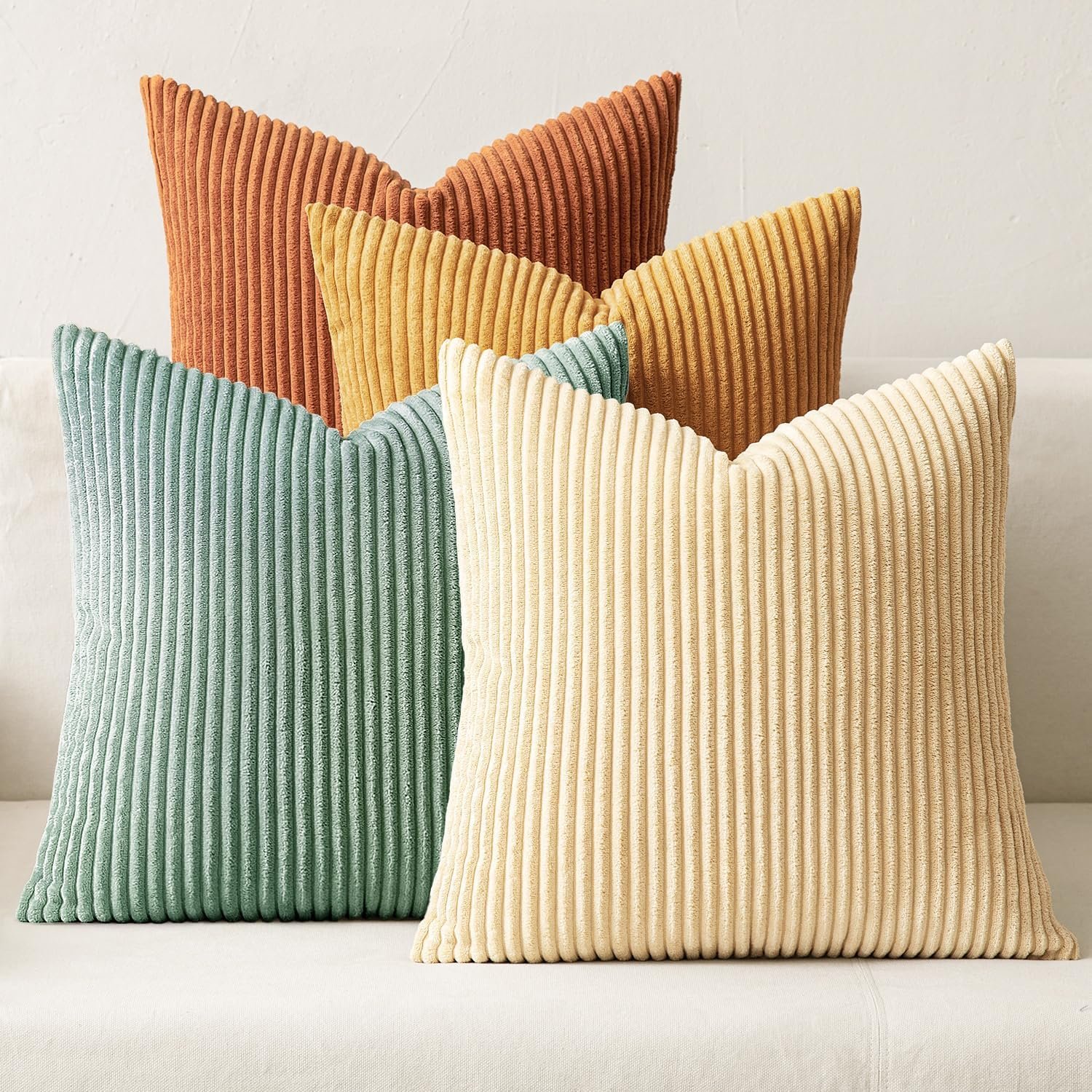 MIULEE Boho Farmhouse Throw Pillow Covers 18×18 Inch Set of 4 Summer Modern Natural Decorative Cushion Covers Soft Corduroy Spring Decor for Couch Bed Sofa Living Room Orange Teal Gradient Series