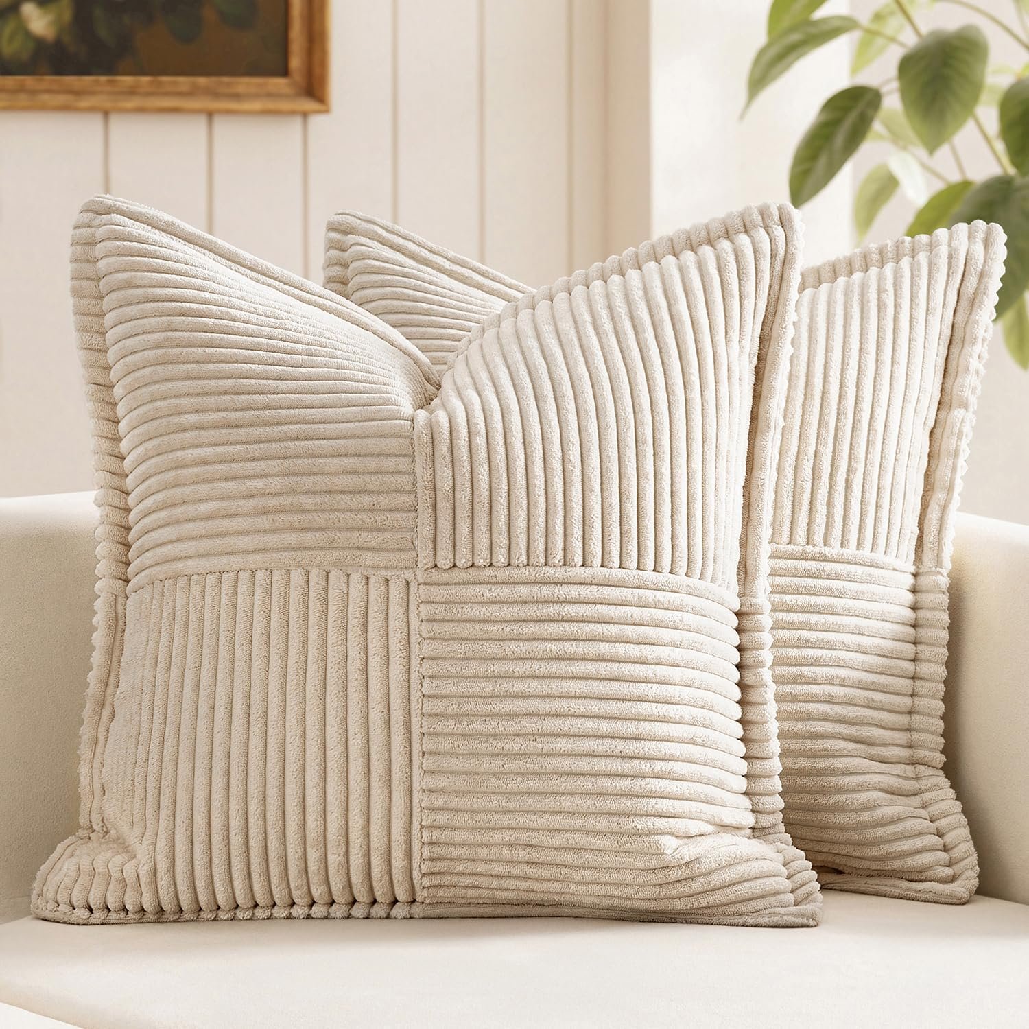 MIULEE Decorative Throw Pillow Covers for Couch Bed Livingroom 18×18 Inch Set of 2 Beige Boho Accent Throw Pllows Broadside Striped Patchwork Soft Corduroy Pillowcases