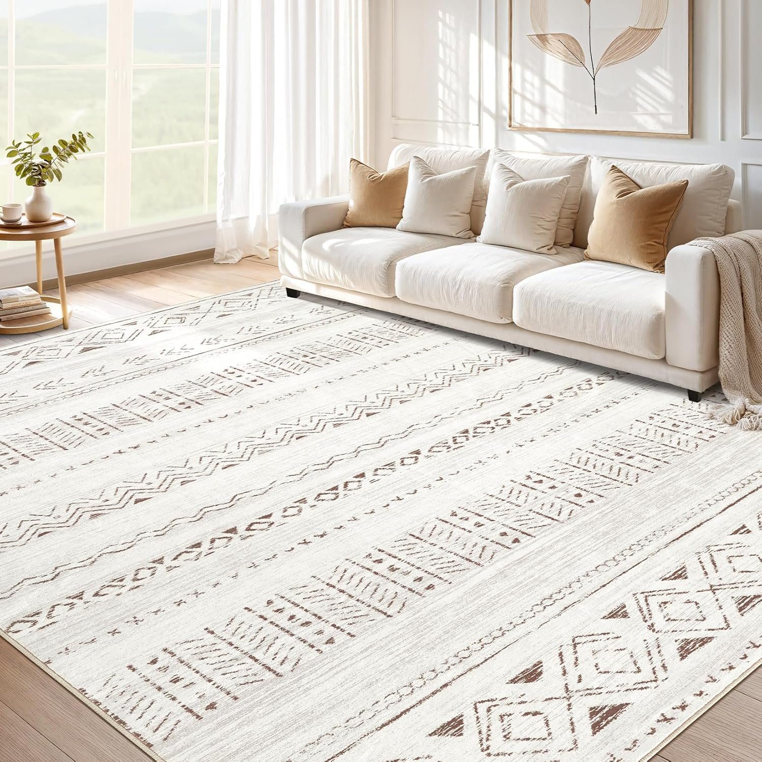 cotiled 5×7 Area Rug Living Room: Washable Boho Rugs with Non Slip Backing Large Soft Indoor Stain Resistant Carpet for Bedroom Farmhouse Dining Room Lightweight Home Decor L Brown/Cream