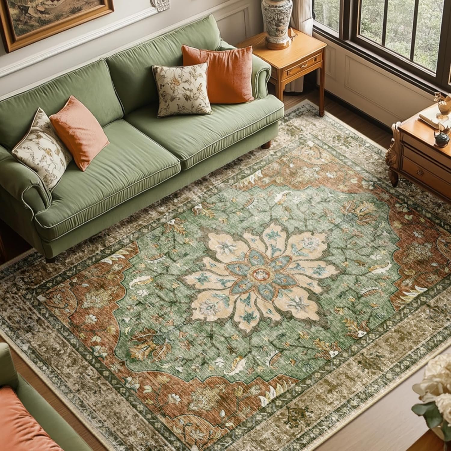 RELEANY Area Rugs 8’x10′ Washable Non-Slip, Floral Vintage Distress Print Pattern Medallion Carpet for Living Room Bedroom Dining Room, Brick Red Rust Neutral Brown Burnt Orange Green