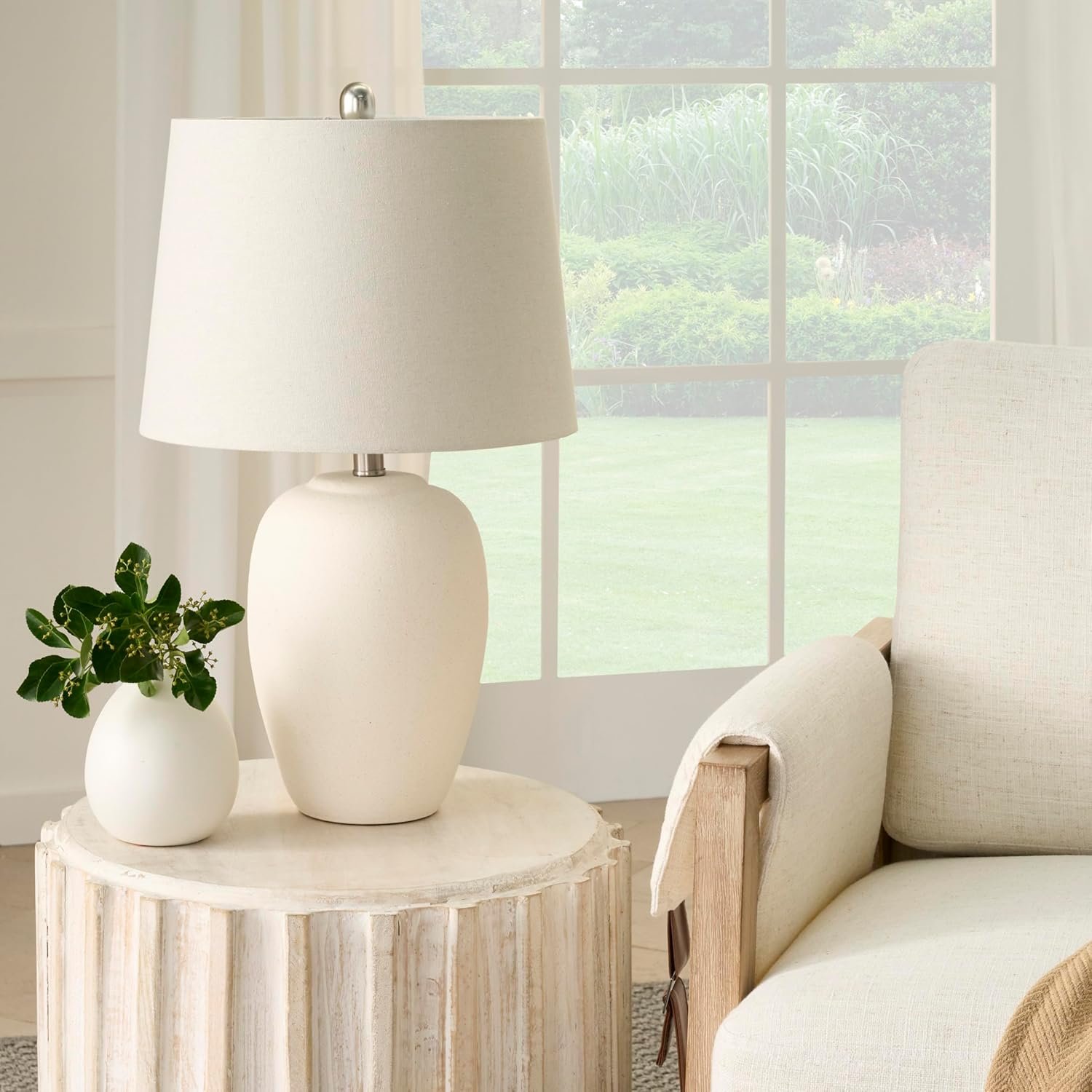 Nourison Home 23″ Natural White Ceramic Jar Table Lamp for Bedroom, Living Room, Dining Office, with Off-White Shade