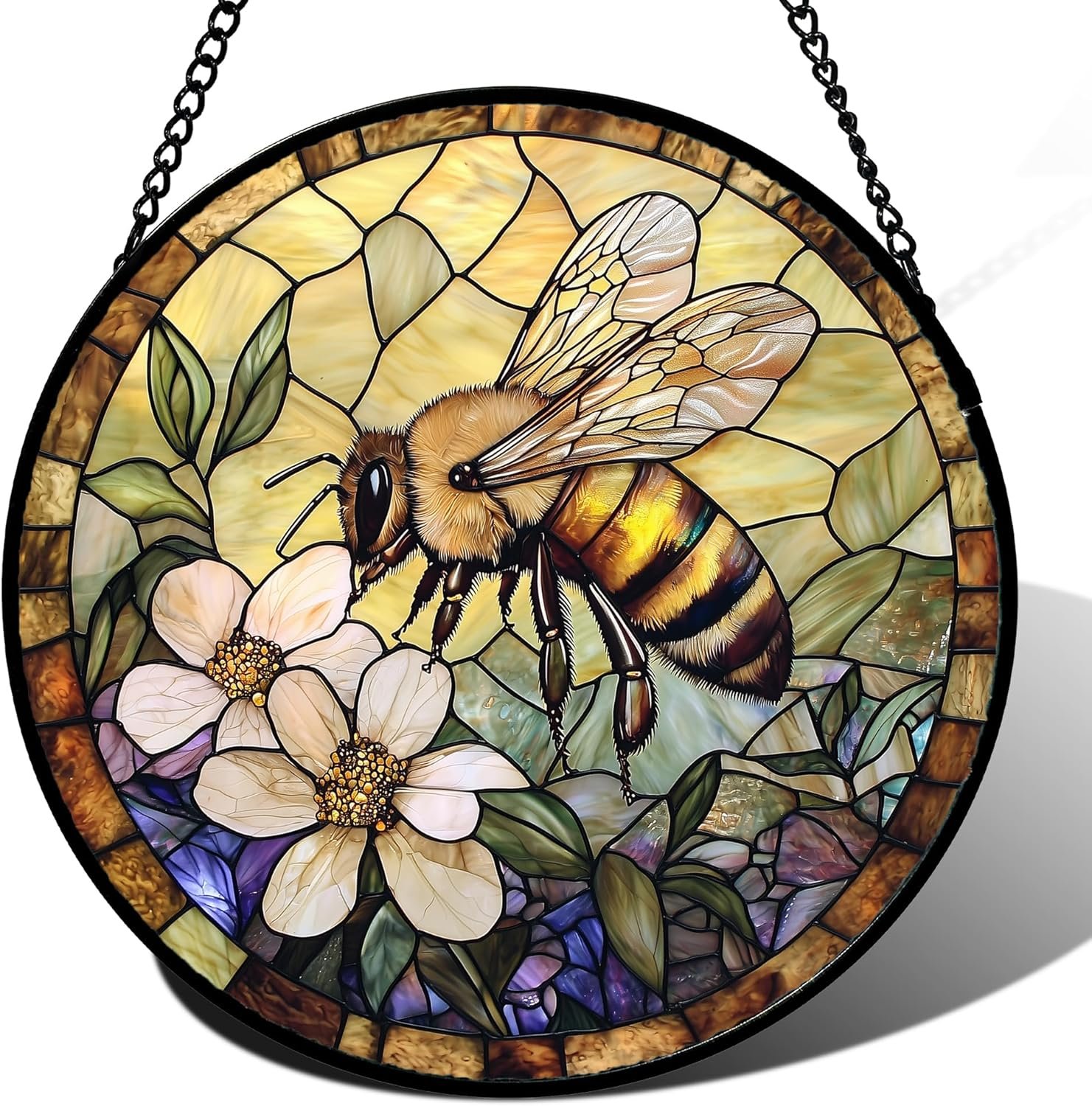 Stained Glass Window Hanging, Vintage Bee Yellow Flower Sun Catcher for Window Door Home Decor Suncatcher Christmas Mother’s Day Birthday Gifts for Women Men Mom and Nana 7.8 in