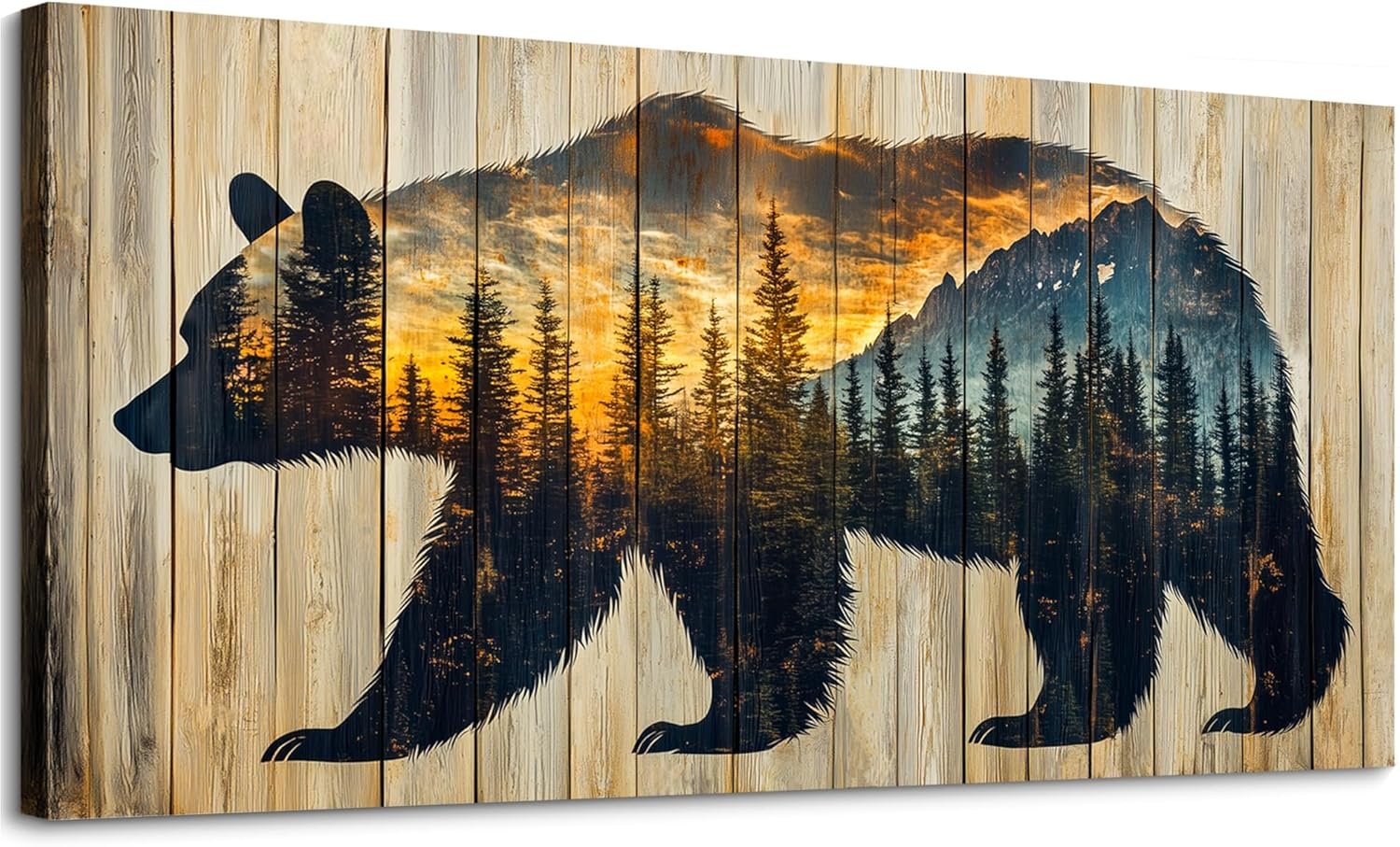 SLYCAY Large Vintage Canvas Wall Art Prints, Brown Bear Silhouette Forest Mountain Sunset Painting Picture Rustic Wildlife Farmhouse Cabin Decor Bedroom Living Room Gallery Dining Room Office 20″X40″