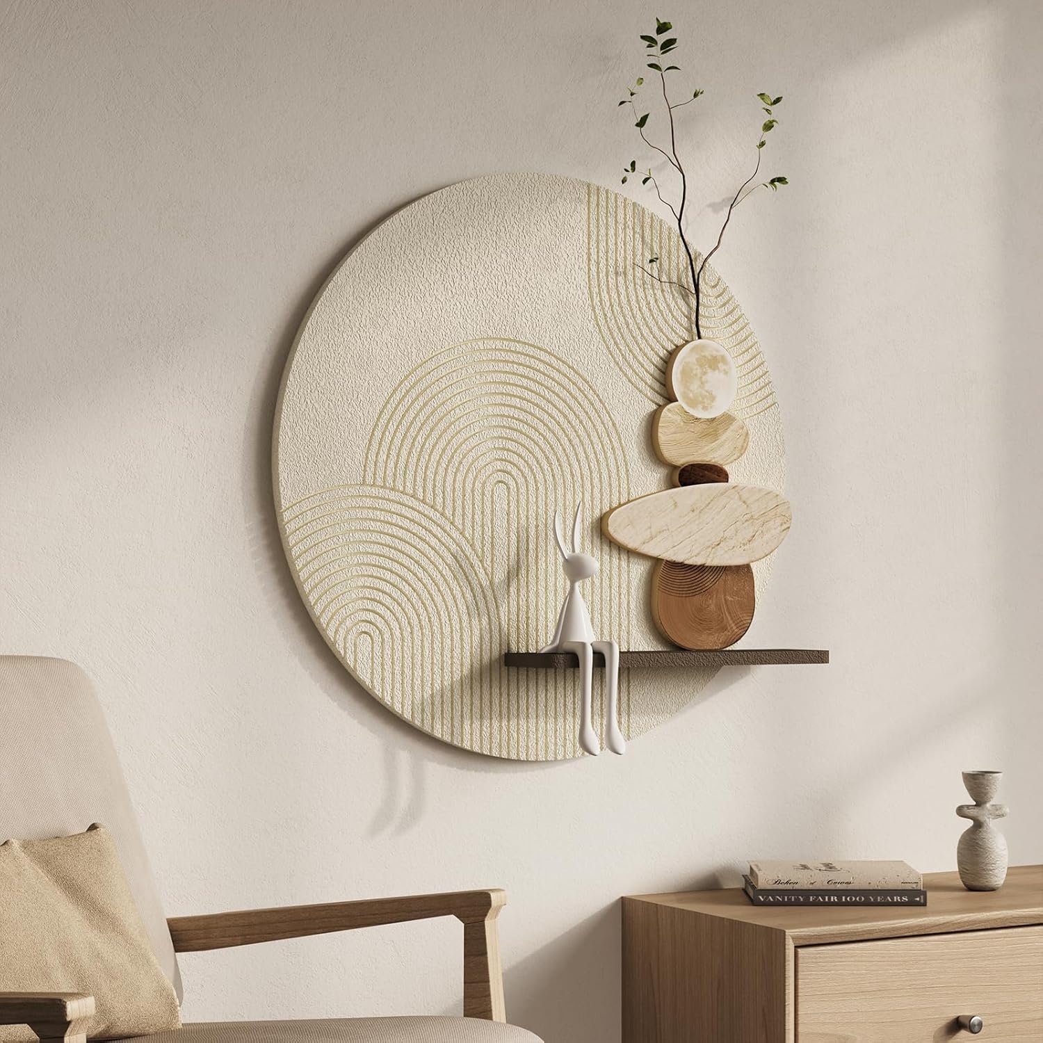 3D Textured Neutral Abstract Wall Art Decor With Shelf, Boho Beige and Brown Artwork for Walls With Green Accent, Modern Minimalist Wall Decor for Living Room, Hallway, Kitchen, Bedroom, Office, 24×24