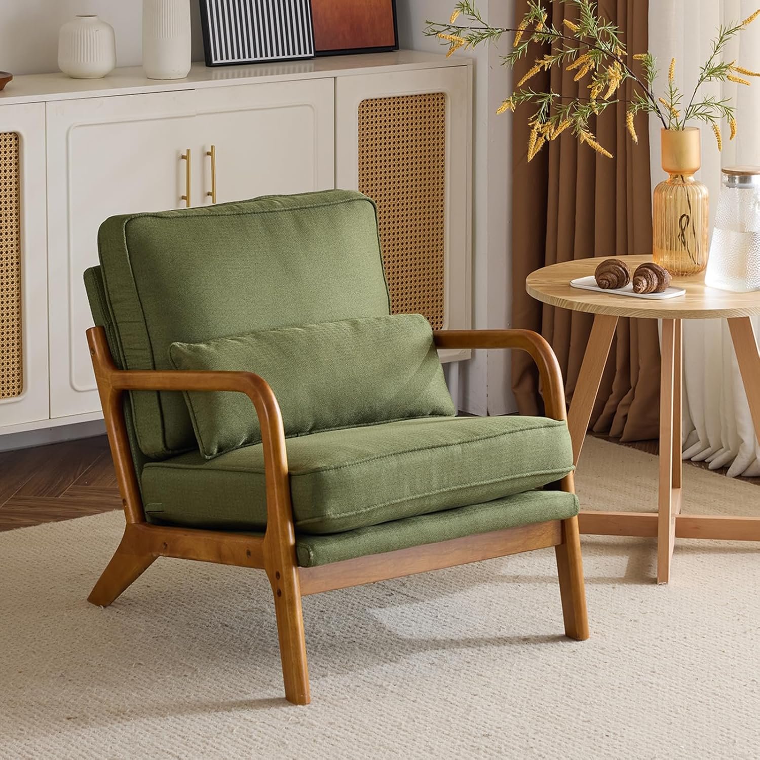 Karl home Accent Chair Mid-Century Modern Chair with Pillow Linen Fabric Upholstered Lounge Arm Chair with Solid Wood Frame & Soft Cushion for Living Room, Bedroom, Balcony, Green