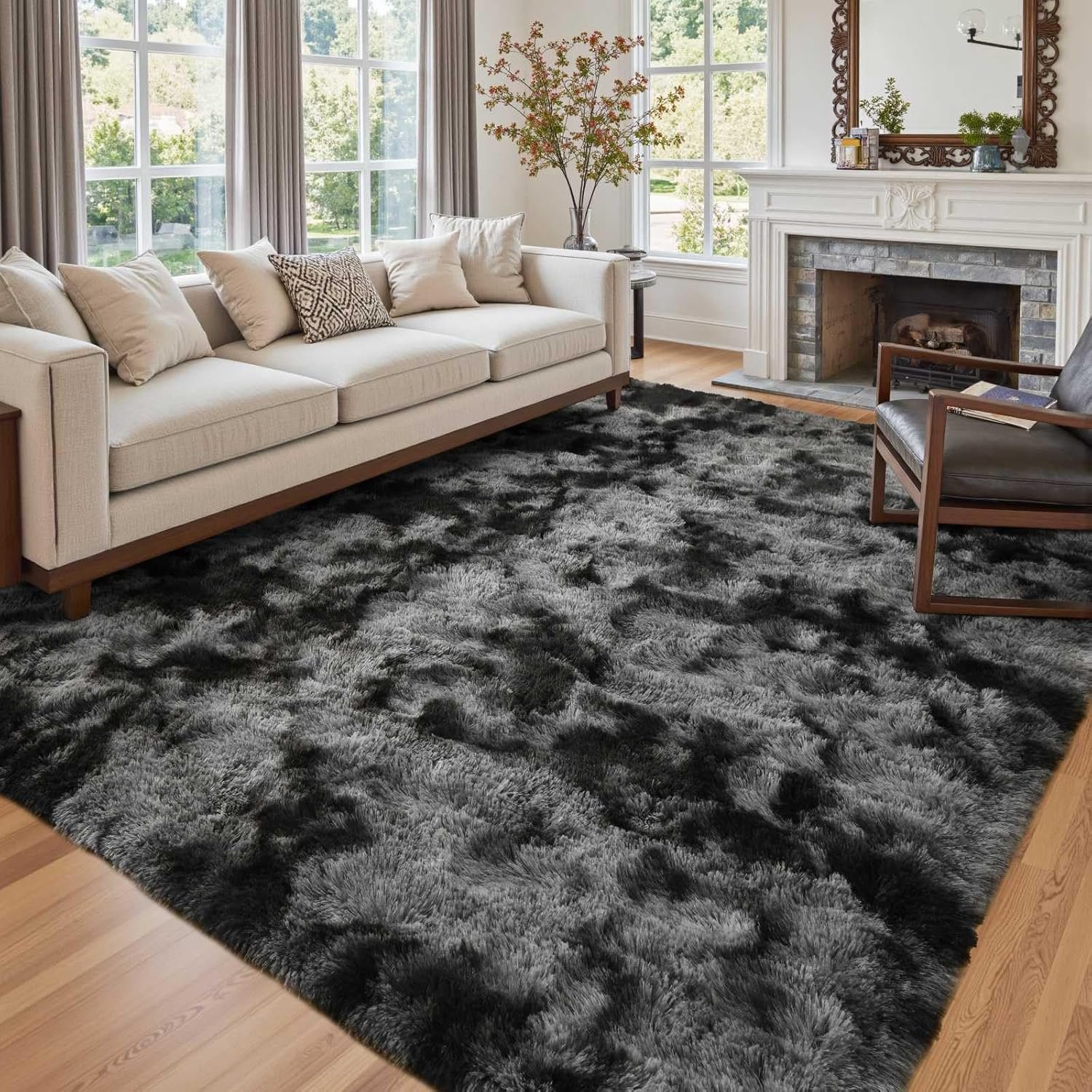 6×9 Ft Large Shag Rugs for Living Room Decor, Tie-Dyed Ultra Soft Fluffy Furry Area Rugs for Bedroom Indoor Floor, Aesthetic Carpet for Kids Home (Dark Grey)