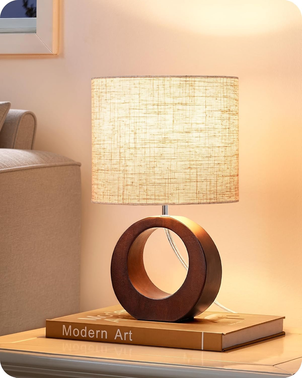 EDISHINE 13.4″ Samll Wood Table Lamp, Modern Bedside Lamp with Beige Linen Lampshade & ON-Off Switch, E26 Base, Nightstand Lamp for Living Room, Bedroom, Dark Walnut