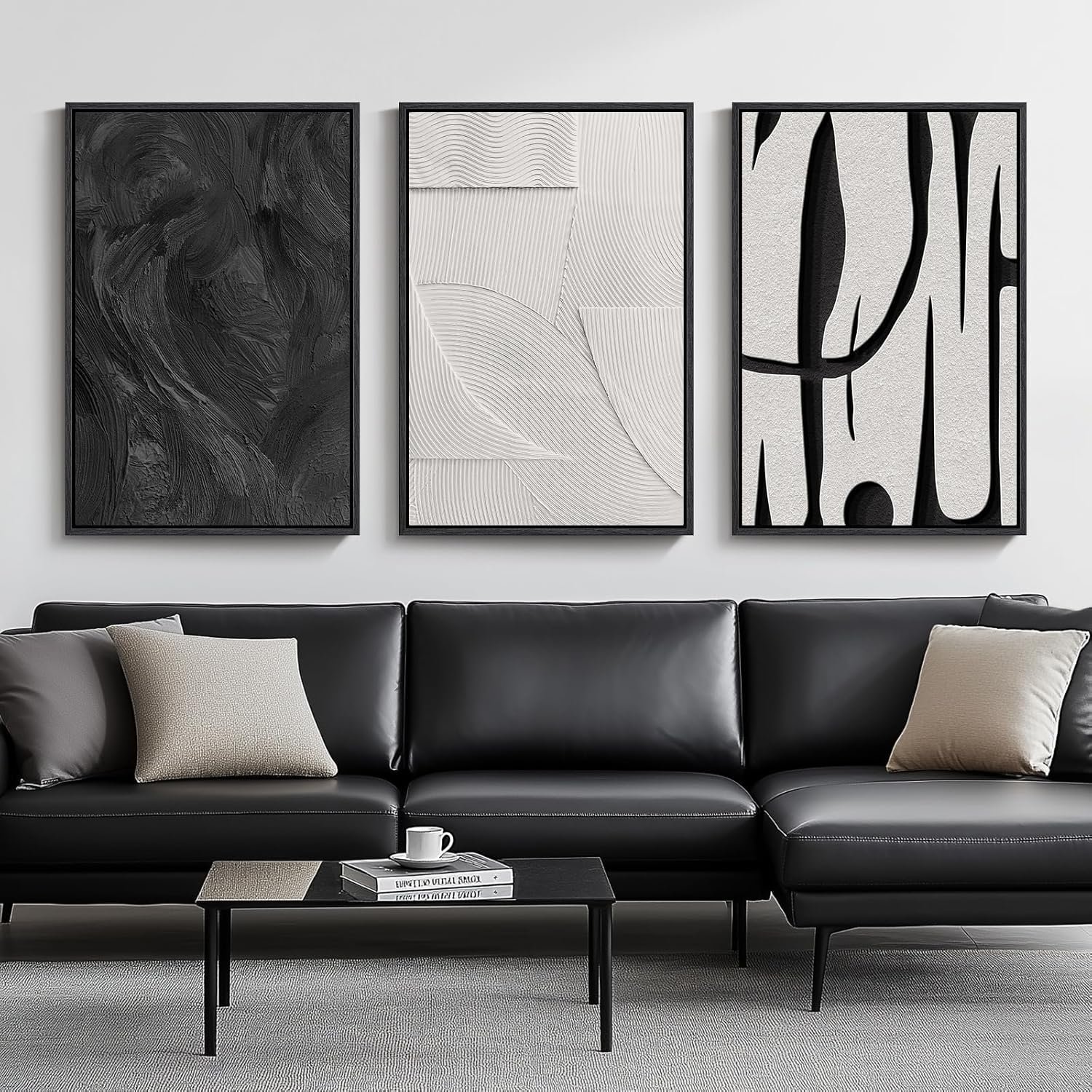 Large Framed Black and White Abstract Wall Art for Living Room, 3 Piece Big Modern Canvas Prints Paintings Artwork for Walls, Minimalist Abstract Art Pictures for Hallway, Office Wall Decor 24×36 In