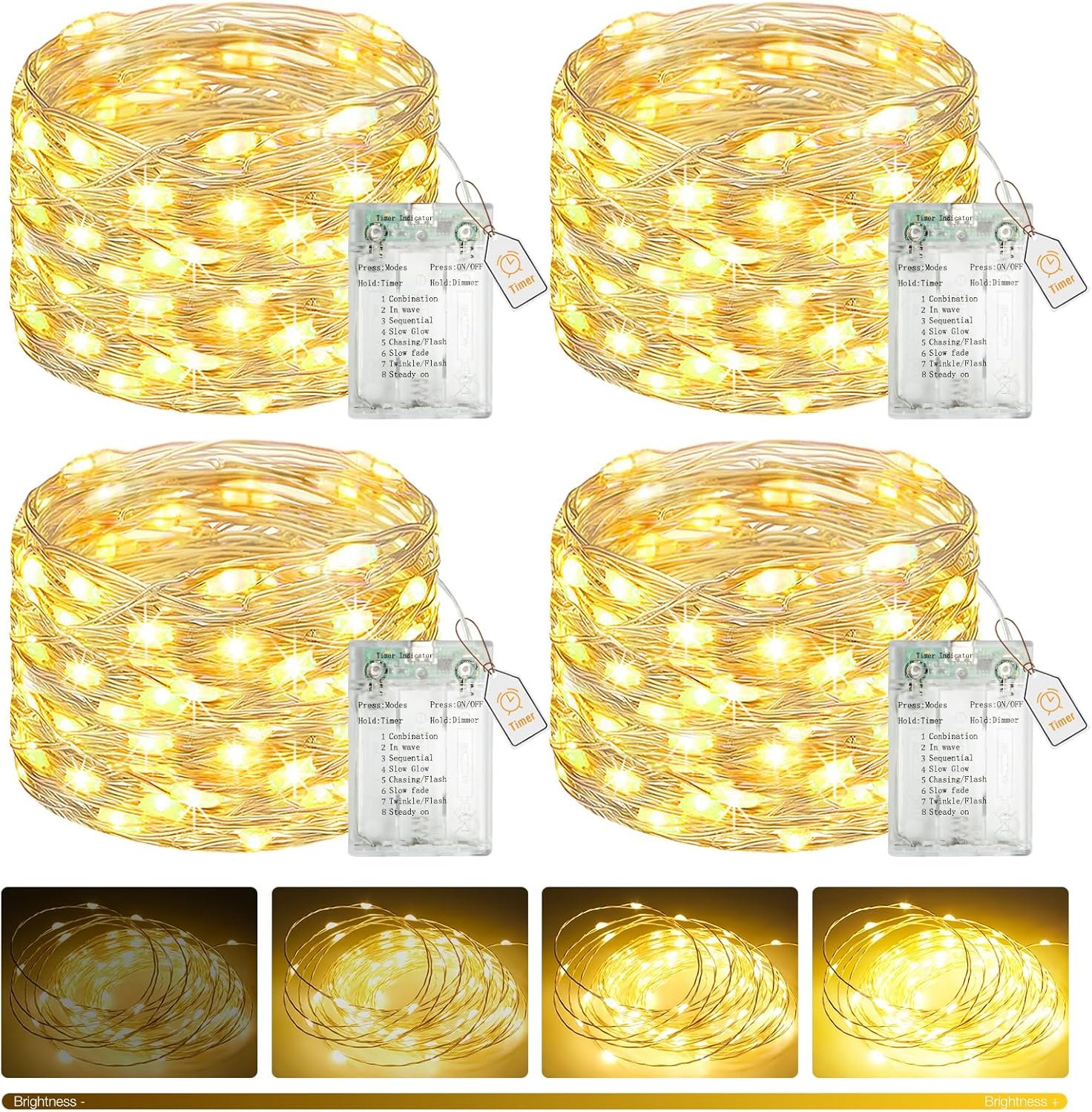 btfarm 4 Pack Fairy Lights Battery Operated with Timer, 16FT 50LED Twinkle String Lights Battery Powered 8 Modes Dimmable, Wire Mini Light Waterproof for Indoor Bedroom Wedding Christmas, Warm White