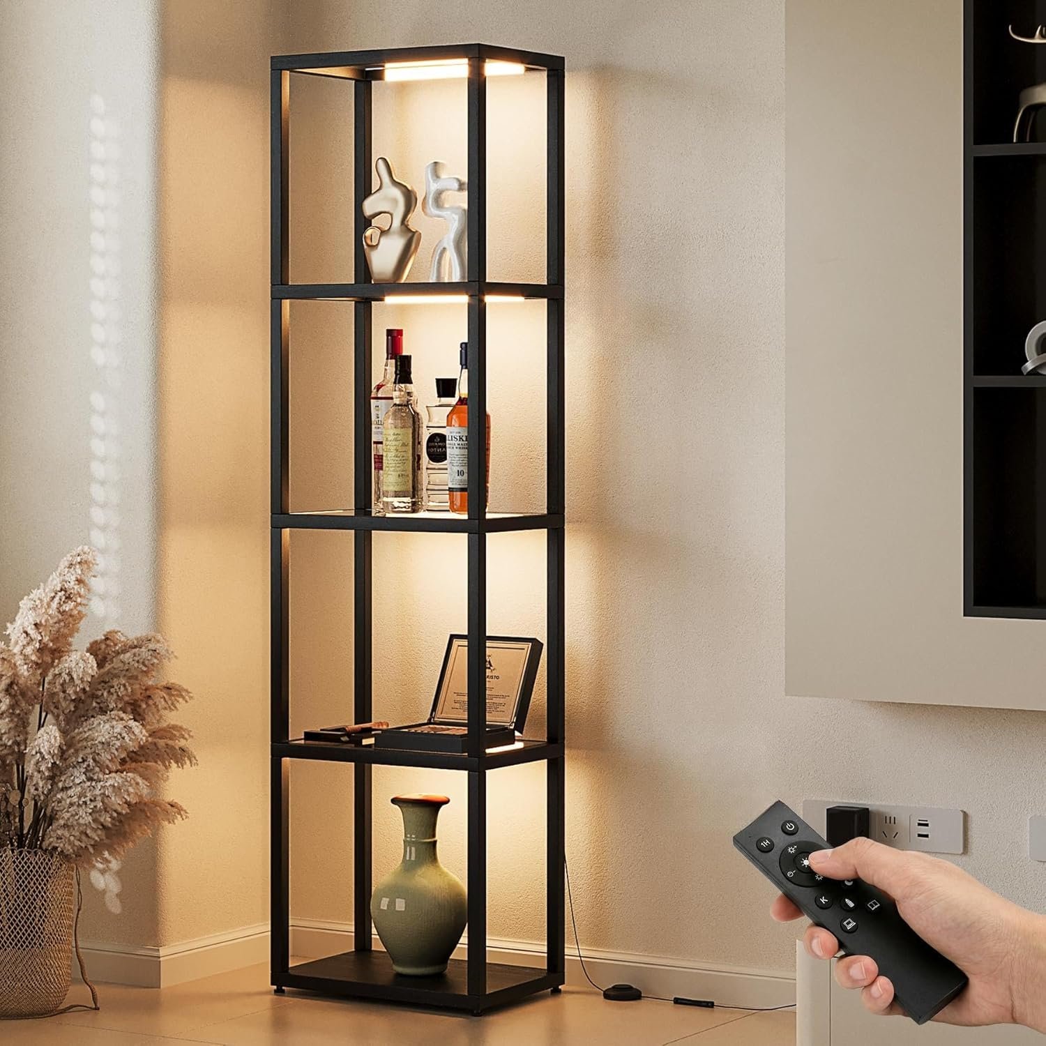 Tribesigns Display Shelf Floor Lamp with Shelves, Modern Black Glass Display Cabinet with Remote & 3 CCT Dimmable LED, Tall 5-Tier Wooden Conner Open Bookshelf Lamp for Bedroom Office Living Room