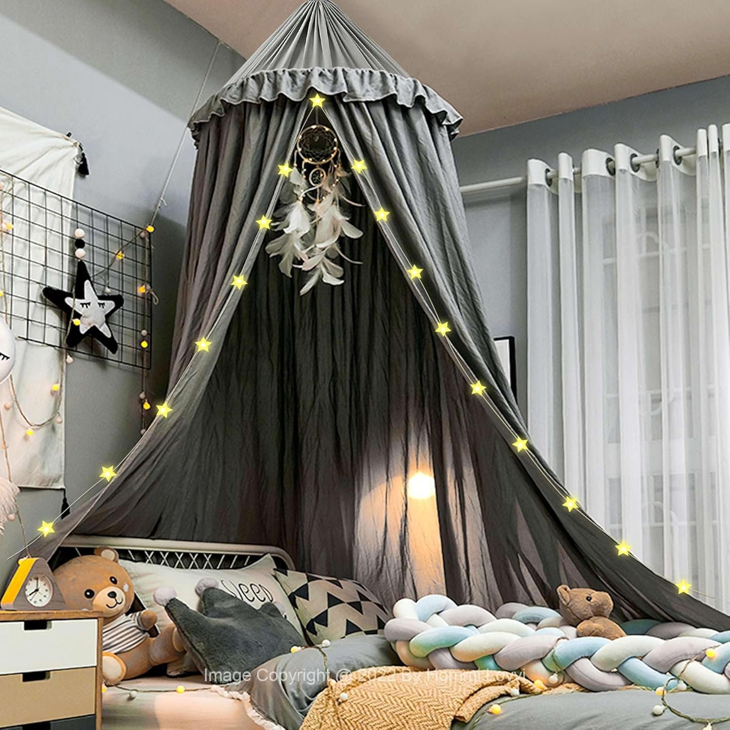 Hommi Lovvi Bed Canopy for Girls, Dreamy Frills Ceiling Hanging Princess Canopy Bedroom Decoration Soft Canopy Net Reading Nook, Extra Large Full Queen Size Bed Canopies – Grey