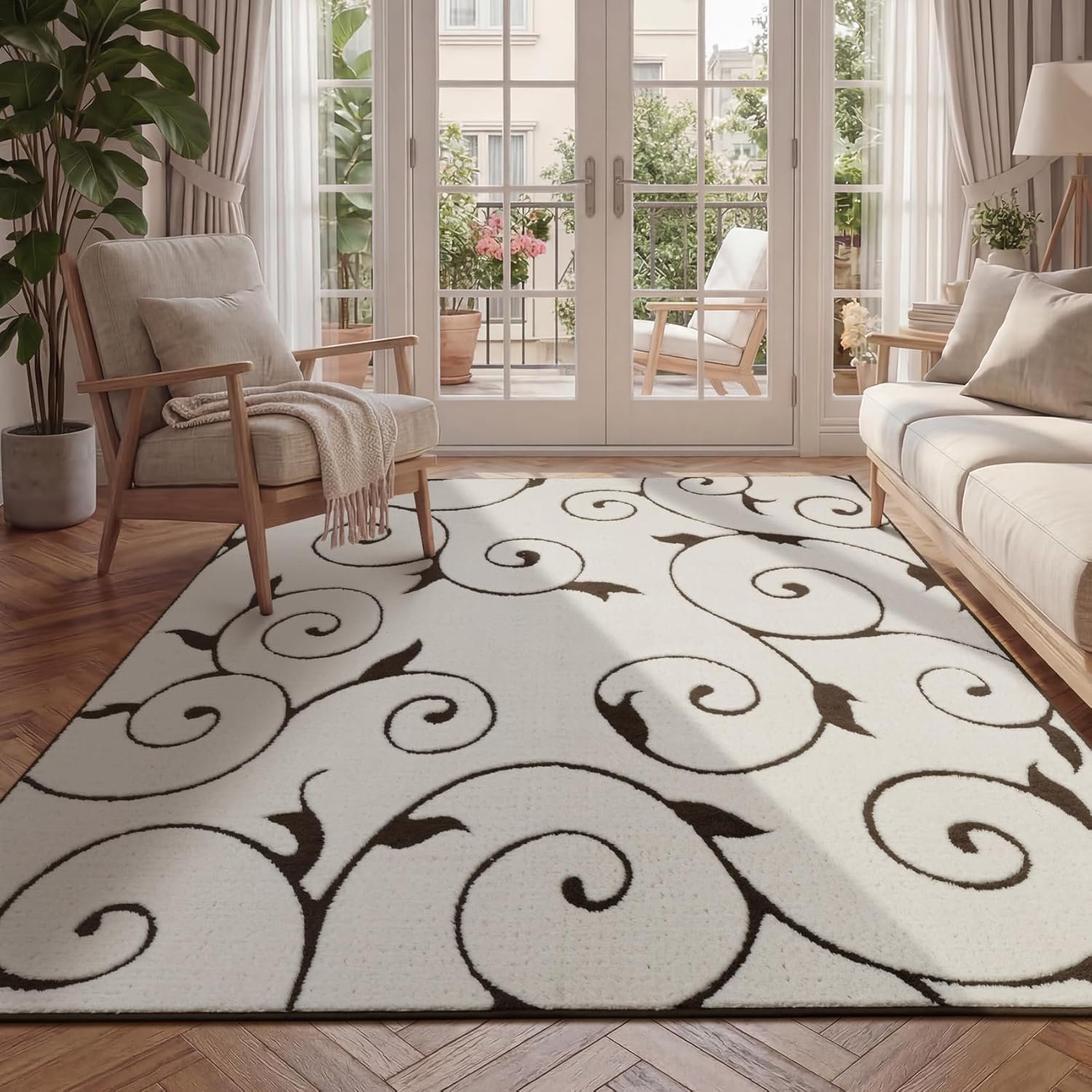 chakme 5×7 Beige Medium Pile Area Rugs for Living Room,Neutral Boho Non-Slip Plush Carpet,Washable Non-Shedding Swirl Large Soft Shag Rug for Bedroom Dining Room Office Nursery