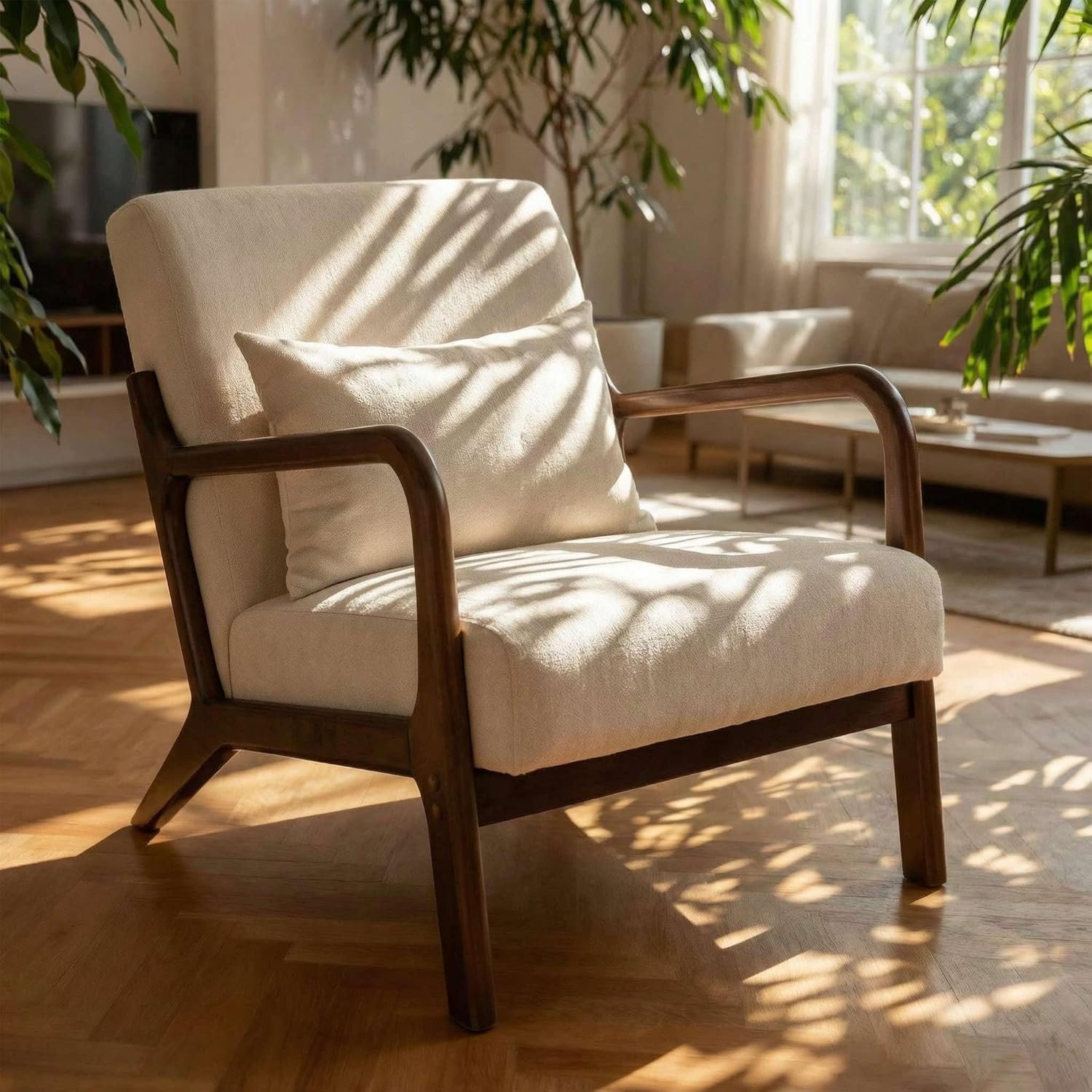 Mid Century Modern Accent Chair – Solid Rubberwood Frame Reading Armchair with Lumbar Pillow – Comfy Linen Lounge Chair for Living Room Bedroom Small Space – Heavy Duty 350lbs