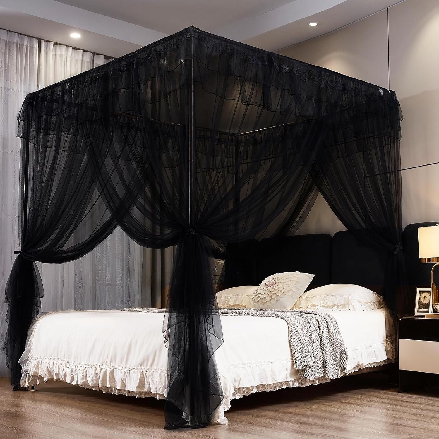 Kertnic Black Canopy Bed Curtains for Girls & Adults, Queen King Bed Canopy Drapes Netting, Practical Mosquito Net for Bed (King- 86″ W*78″ L*82″ H)