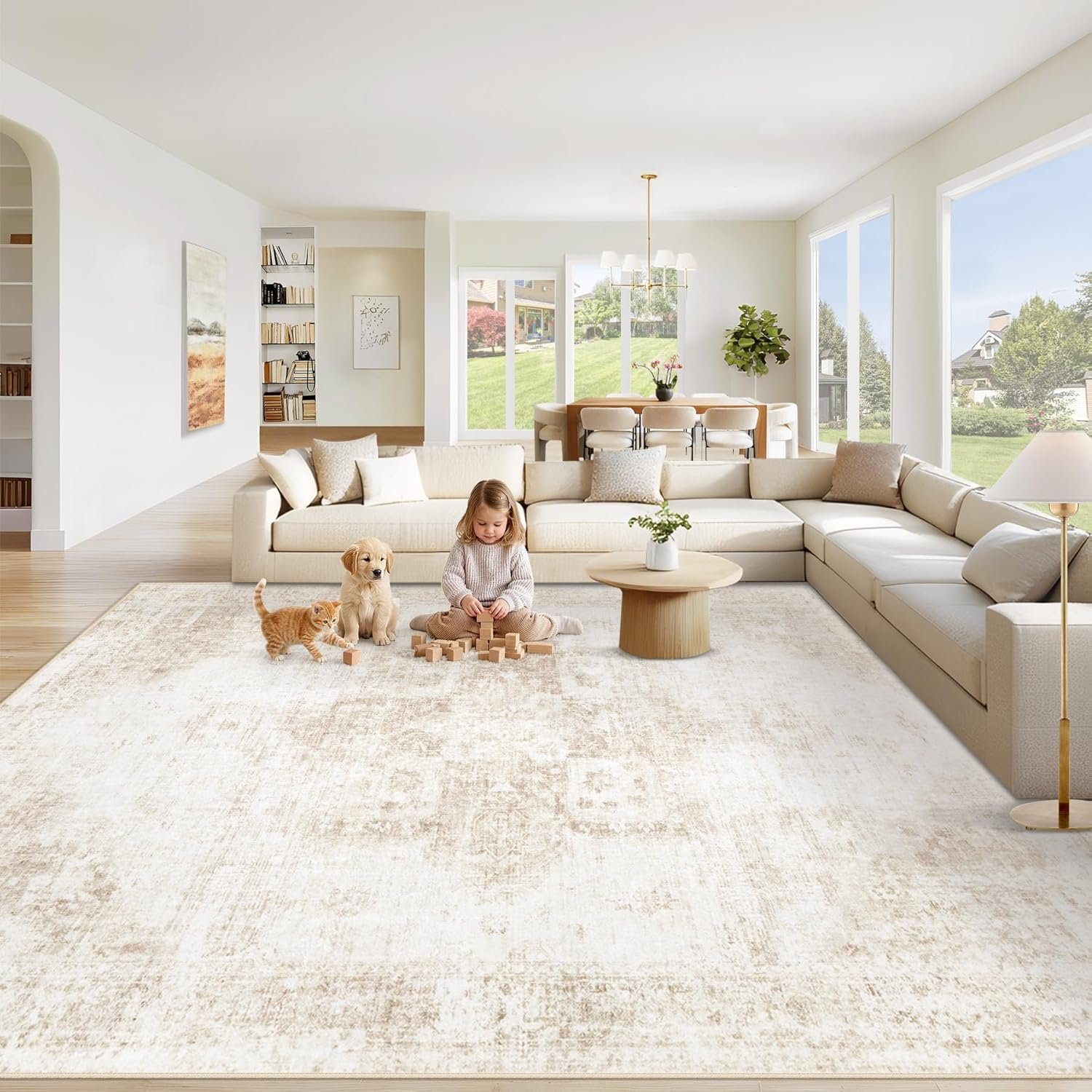 Area Rug 8×10 Washable Rug, Vintage Boho Medallion Rugs Non-Slip Soft Low Pile Large Distressed Rug Indoor Retro Carpet for Living Room Bedroom Dining Room Office Children’s Room(Beige, 8’x10′)