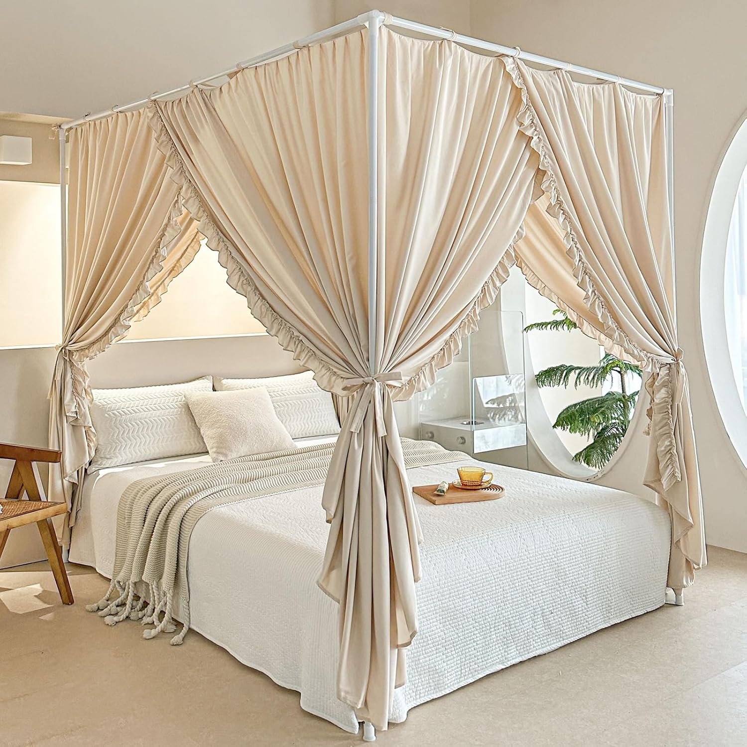 AIKASY Princess Canopy Bed Curtains with Top Ties – Windproof & Lightproof for Girls’ Adult Bedroom Decor | Bed Canopy Drapes (Queen,Khaki)