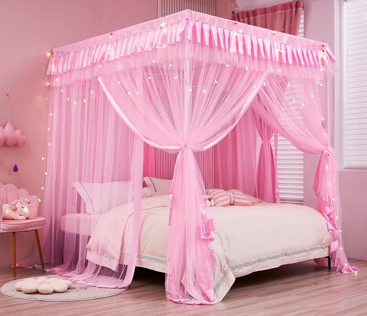 Mengersi 4 Corners Post Canopy Bed Curtains for Girls Full Size – Royal Luxurious Cozy Drape Canopy Bed Frames Netting for Kids Adults- Cute Princess Bedroom Decoration (Pink)