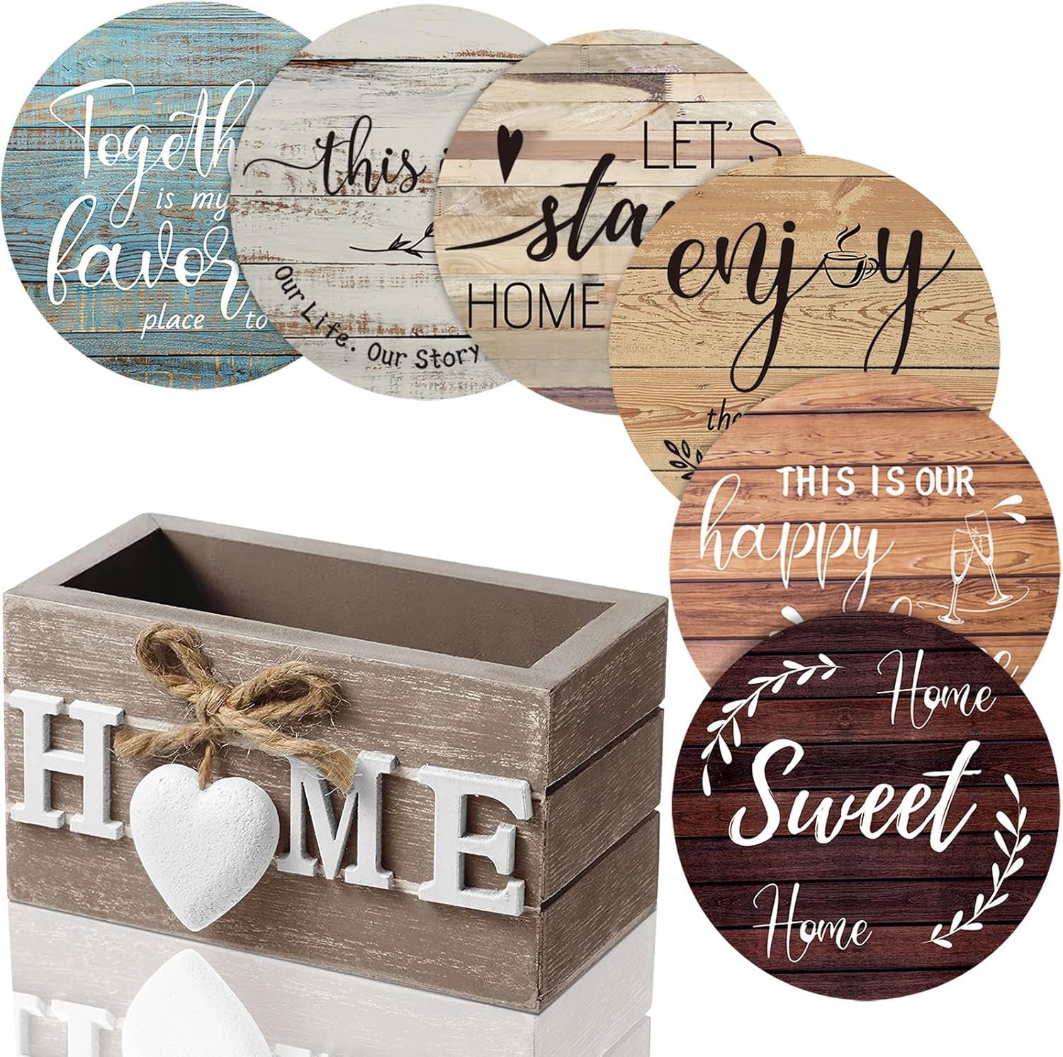 Queekay Coasters Set of 6 House Warming Gifts New Home Wooden Farmhouse Drink Coasters with Holder 4” Funny Decoration for Kitchen Family Coffee Bar Tabletop Protection(Farmhouse Color)