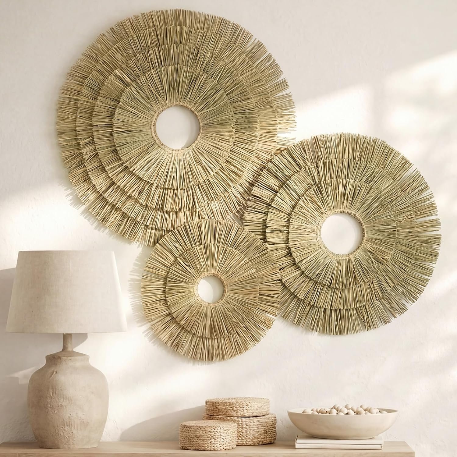 Sintuff 3 Pcs Boho Wall Decor, Handmade Natural Seagrass Hanging Baskets Set, Oversized Rustic Rattan Wicker Wall Art for Living Room, Bedroom & Office, Easy to Hang – 22″, 19″, 15″