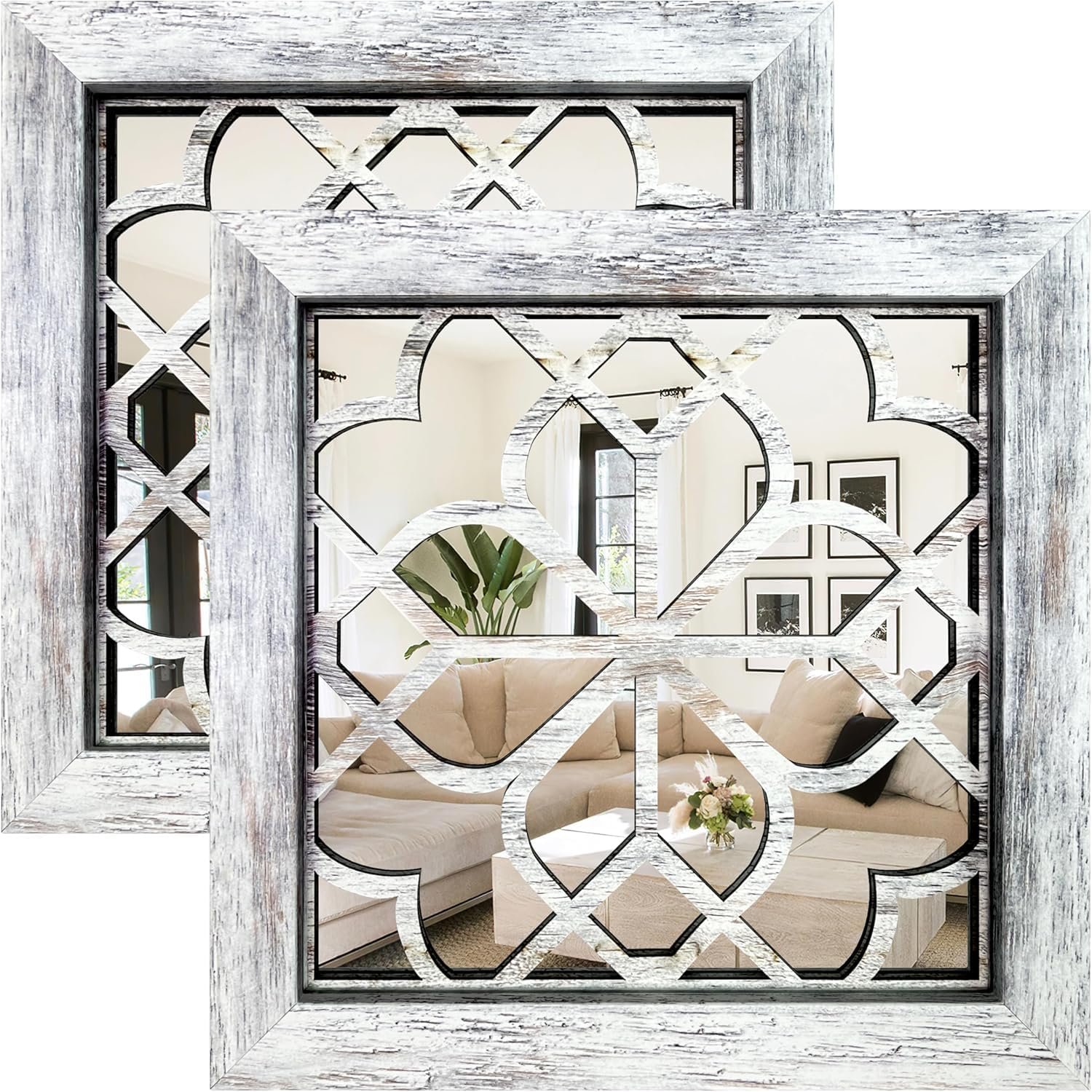 Boho Wall Mirror Decor, Set of 2 Rustic Farmhouse Accent Mirror 12×12 Inch, Square Shatterproof Vintage Style Mirrors for Wall, Small Decorative Mirrors for Living Room, Bedroom(Grey)