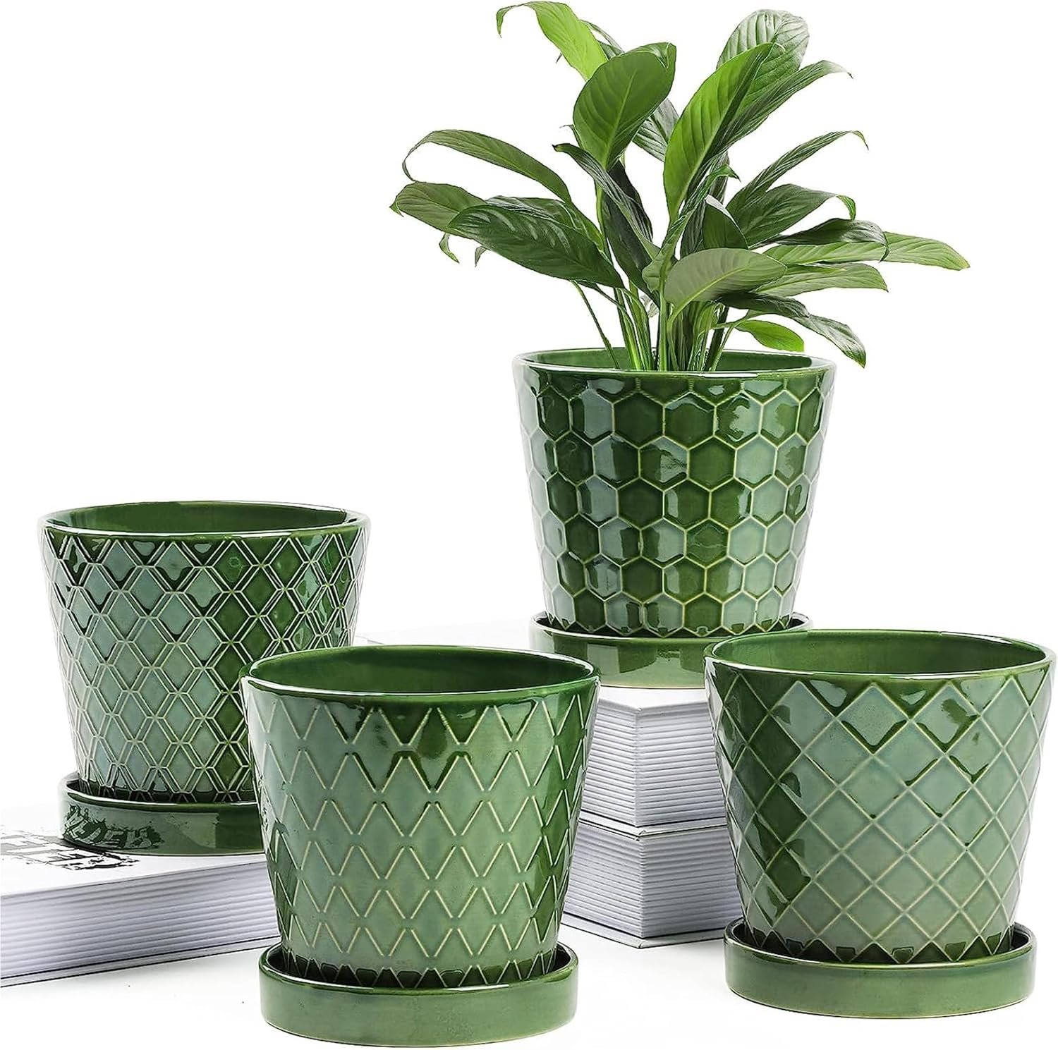 BUYMAX Plant Pots Indoor –5 inch Ceramic Flower Pot with Drainage Hole and Ceramic Tray – Gardening Home Desktop Office Windowsill Decoration Gift, Set of 4-Plants NOT Included (Patina)