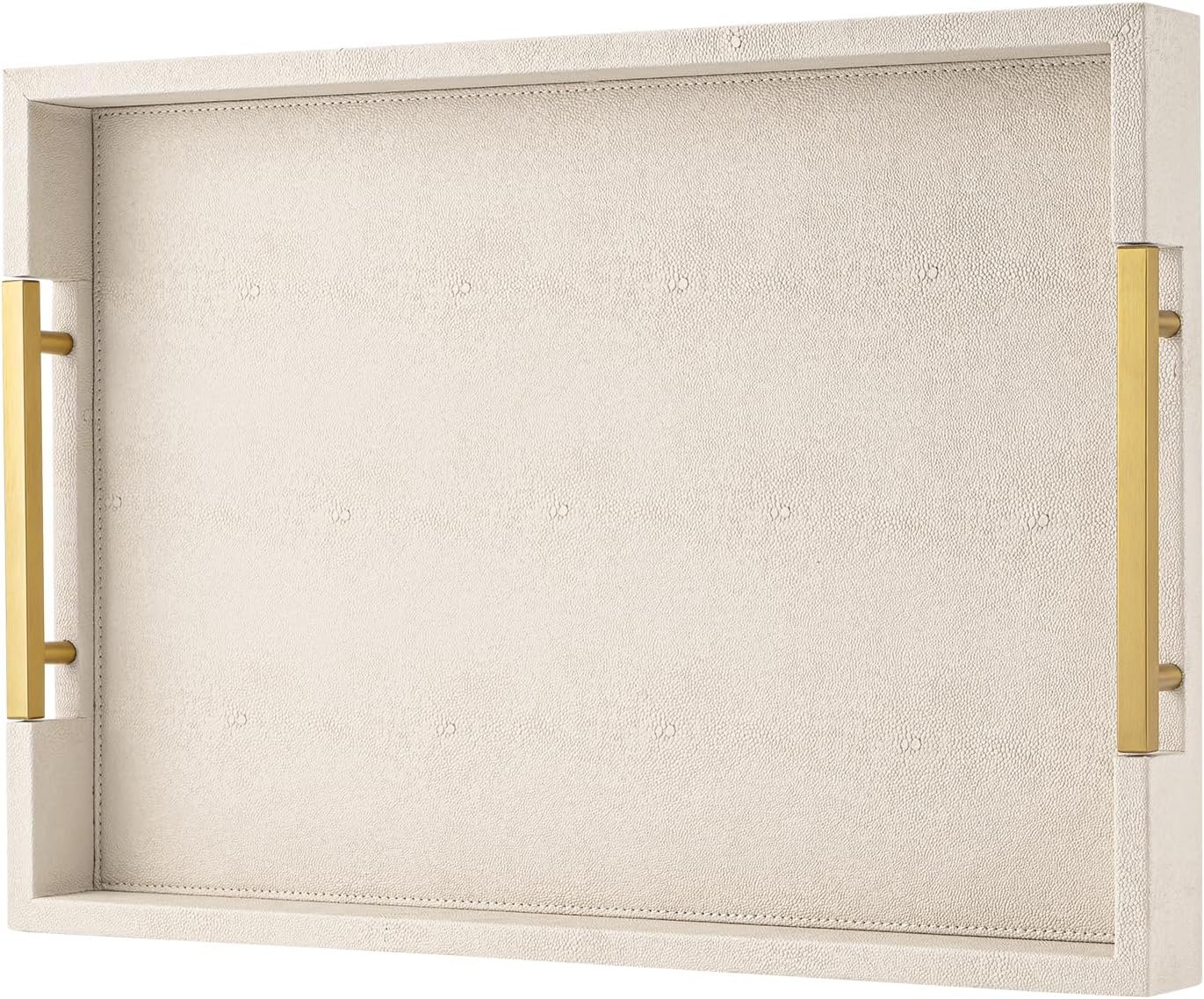 Beige Faux Leather Serving Tray with Handles – Large Decorative Tray for Coffee Table, Ottoman, Living Room, Bathroom – Home Decor