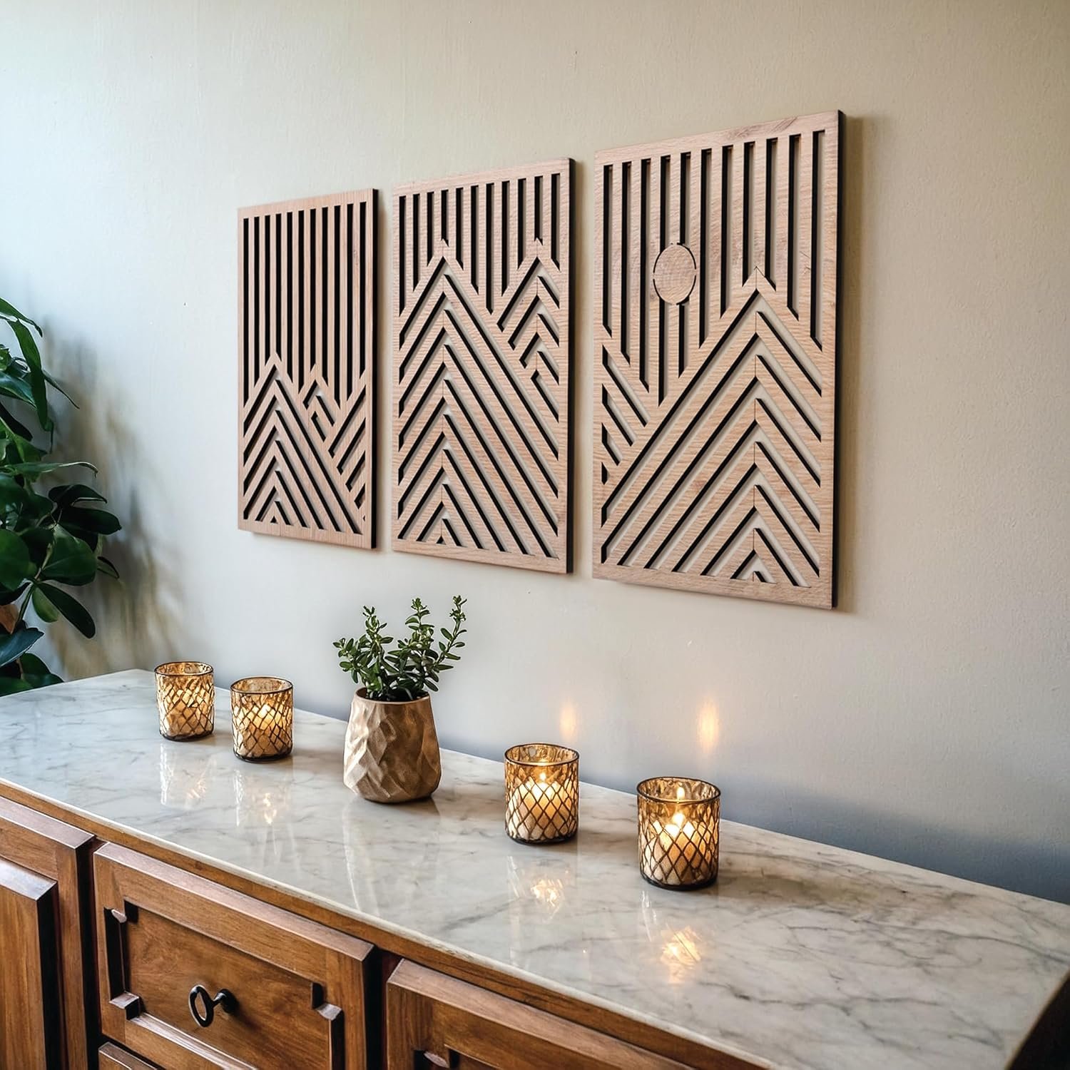 qmmp Modern Wooden Wall Sculptures – Set of 3 – Home Decor Accent – Large Wall Art for Living Room, Bedroom, Office – Easy Installation (Oak, Medium – Mountain and Sun)