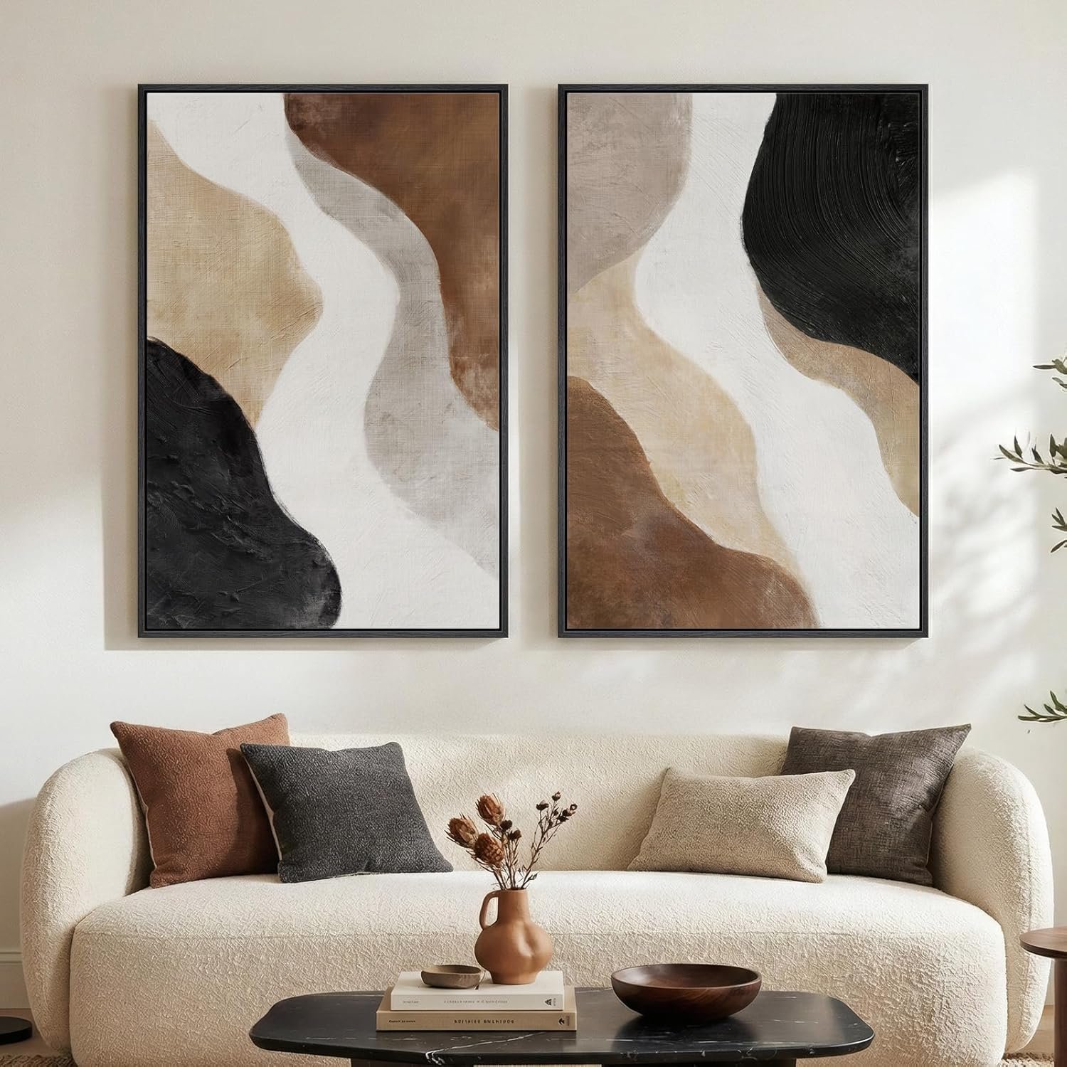 Large Framed Neutral Abstract Wall Art Set of 2 for Living Room, Brown Black White Minimalist Print Canvas Artwork for Walls, Contemporary Mid Century Modern Wall Decor for Bedroom Office, 24×36 In
