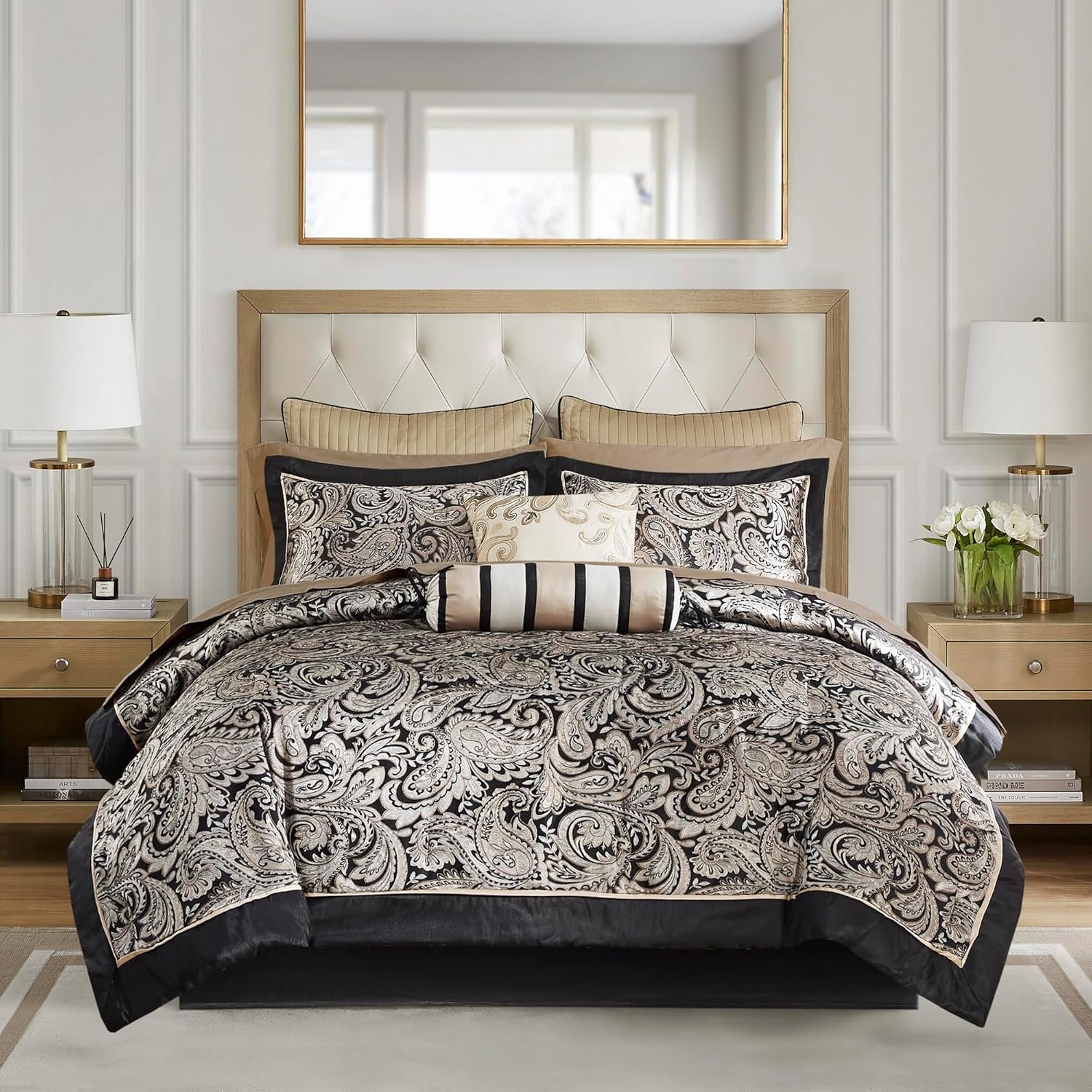 Madison Park Aubrey Cozy Comforter Set, Faux Silk Jacquard Paisley Design – All Season Down Alternative Bedding with Cotton Bed Sheets, Bed Skirt & Toss Pillows, Queen Black 12 Piece