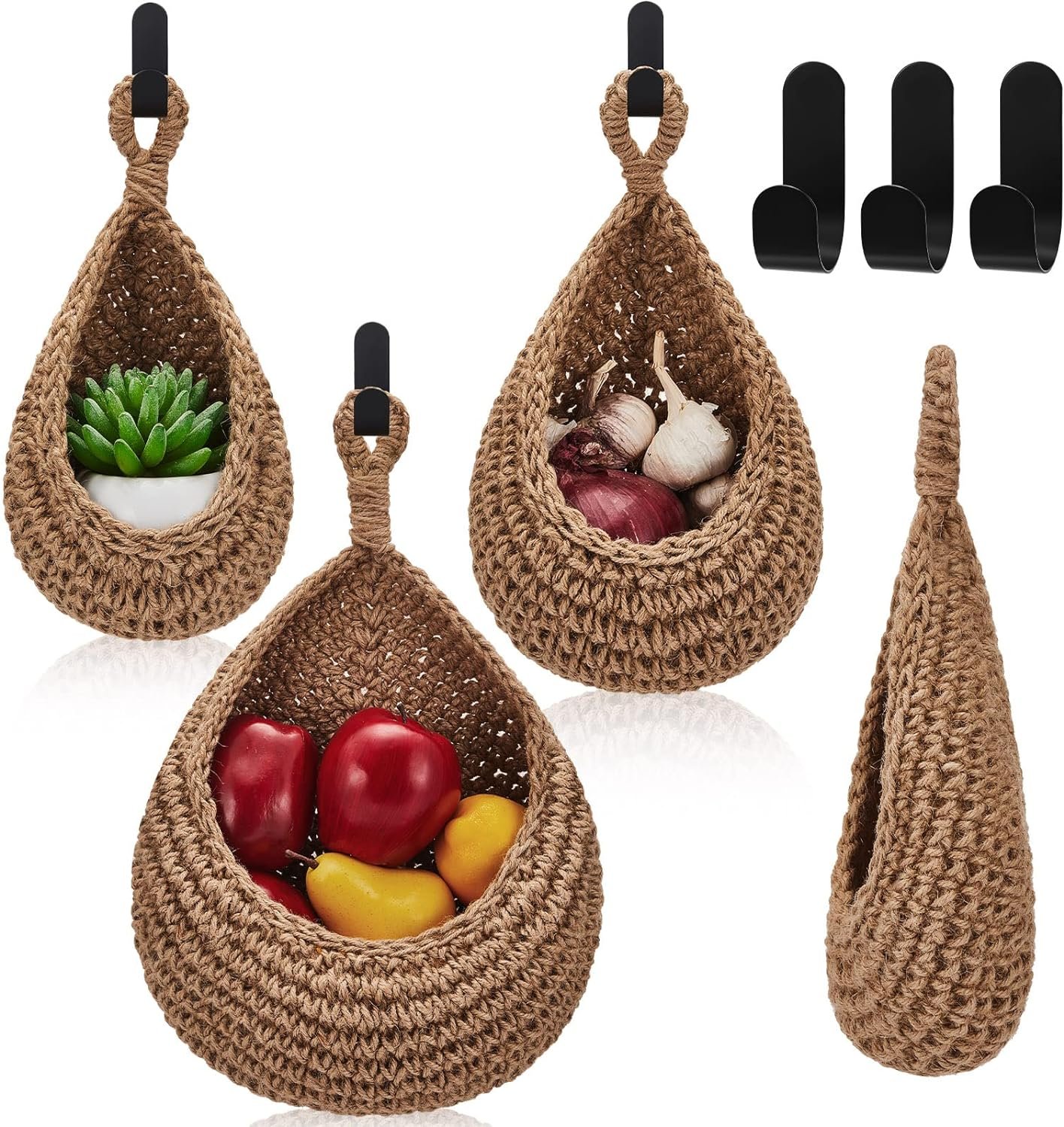 Honeydak Boho Decor Hanging Wall Baskets for Kitchen 3 Pack Teardrop Baskets with Hooks Storage Fruit Onion Vegetable Potato for Home 3 Sizes(Linen,Teardrop,Jute)
