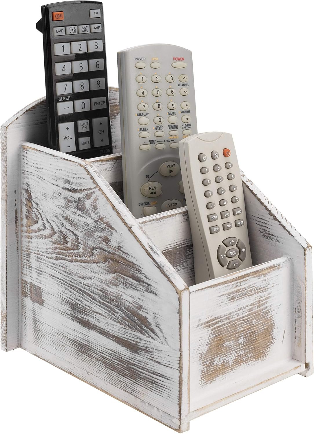MyGift TV Remote Control Holder, Modern Farmhouse Decor, Whitewashed Wood Media Remote Caddy/Organizer/Storage Box with 3 Compartments, for Living Room, Coffee Table