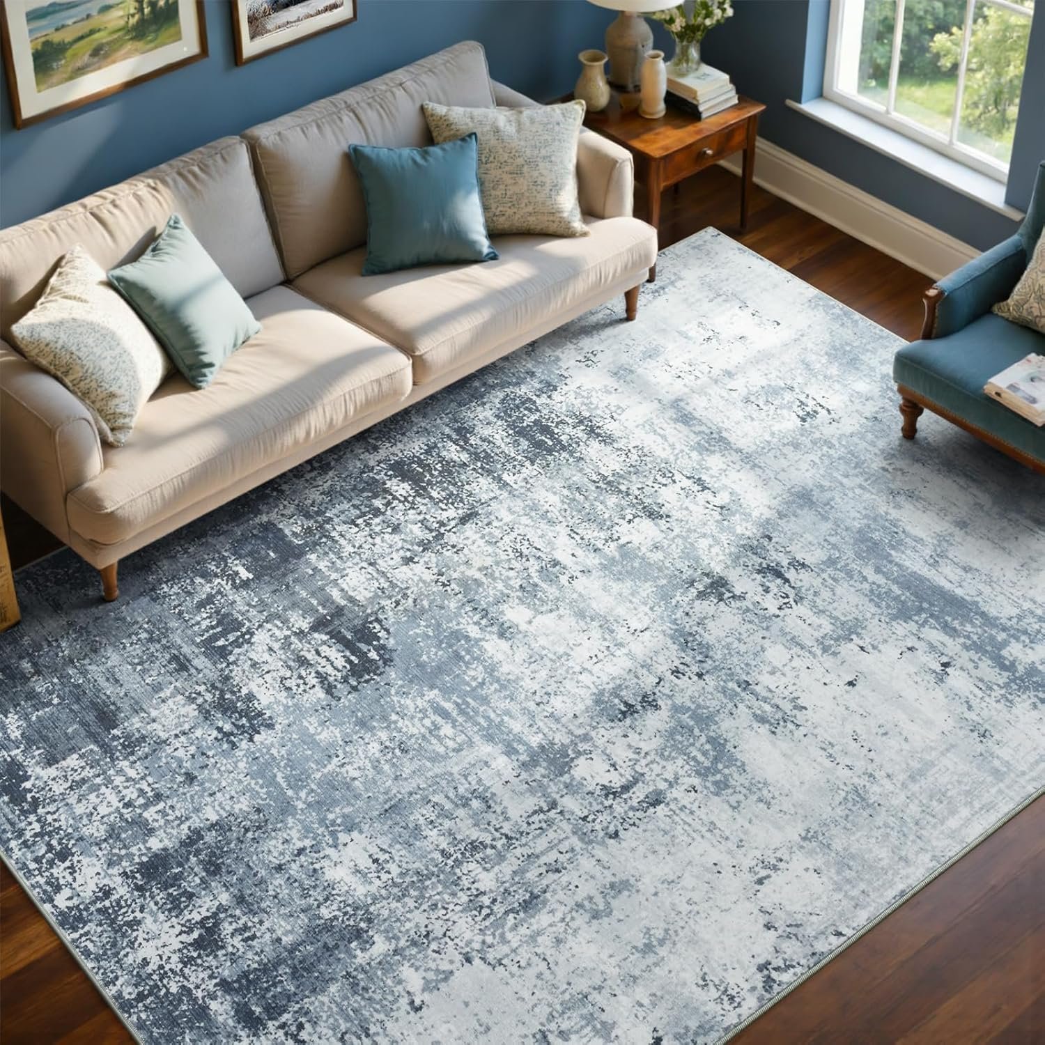 6×9 Ft Large Area Rugs for Living Room, Soft Non-Slip Washable Rugs Modern Abstract Pattern Carpet for Bedroom Indoor Floor Nursery Home Decor (Blue)