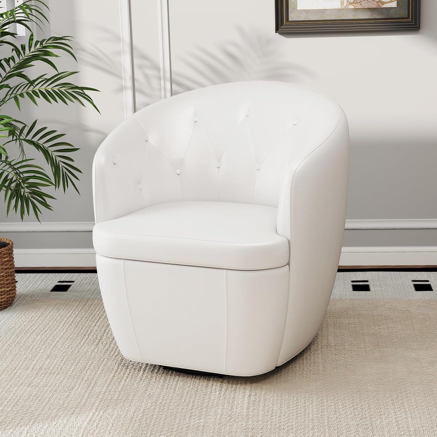 360° Swivel Leather Accent Chair, Modern Barrel Club Chair with Leather Upholstery and Sturdy Base, Comfortable Armchair for Living Room, Bedroom, Reading Nook, White