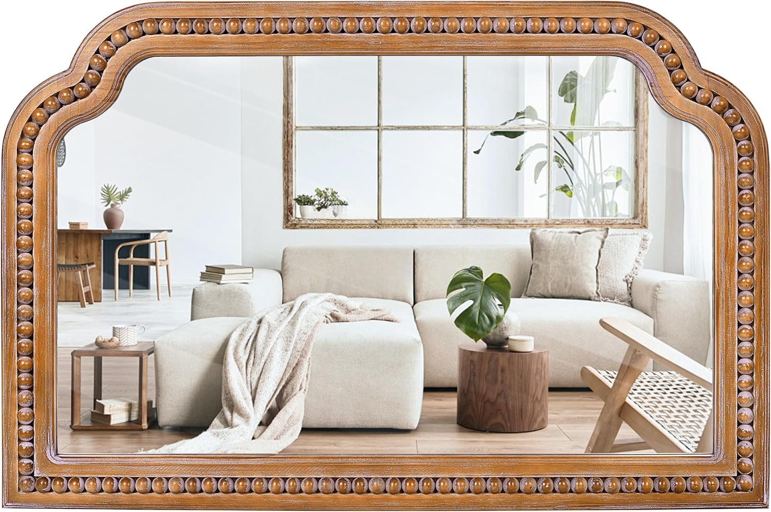 36×24 Inch Farmhouse Arch Wall Mirror, Wood Beaded Framed Decorative Mirrors for Living Room, Bedroom, Vanity, Bathroom, Entryway