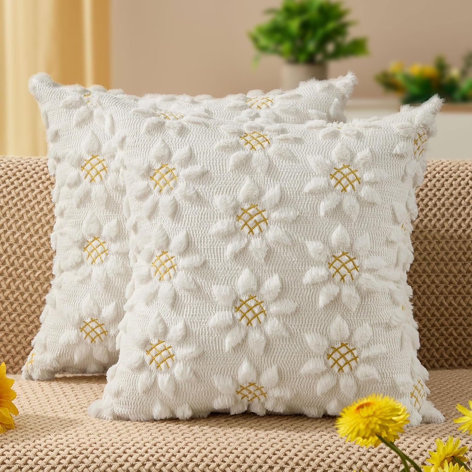 DFXSZ Spring Summer Pillow Covers 18×18 inch Set of 2 Farmhouse Decor Yellow Color Flower Heart Sunflower Soft Plush Faux Fur Jacquard Throw Pillows for Sofa Holiday Spring Home Decor PTK024C18
