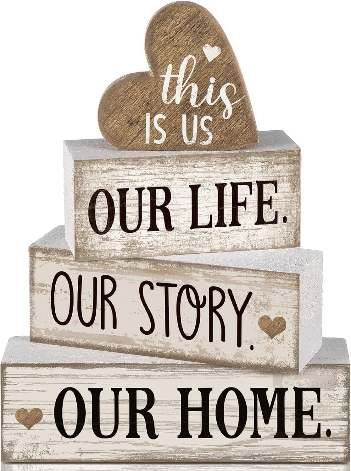 Conelist 4 Pcs Farmhouse Wooden Heart Tabletop Decor Farmhouse Tiered Tray Decor This is Us Centerpiece Decorative Rustic Our Home Block Sign Gift for Table Kitchen Shelf Decoration(Heart)