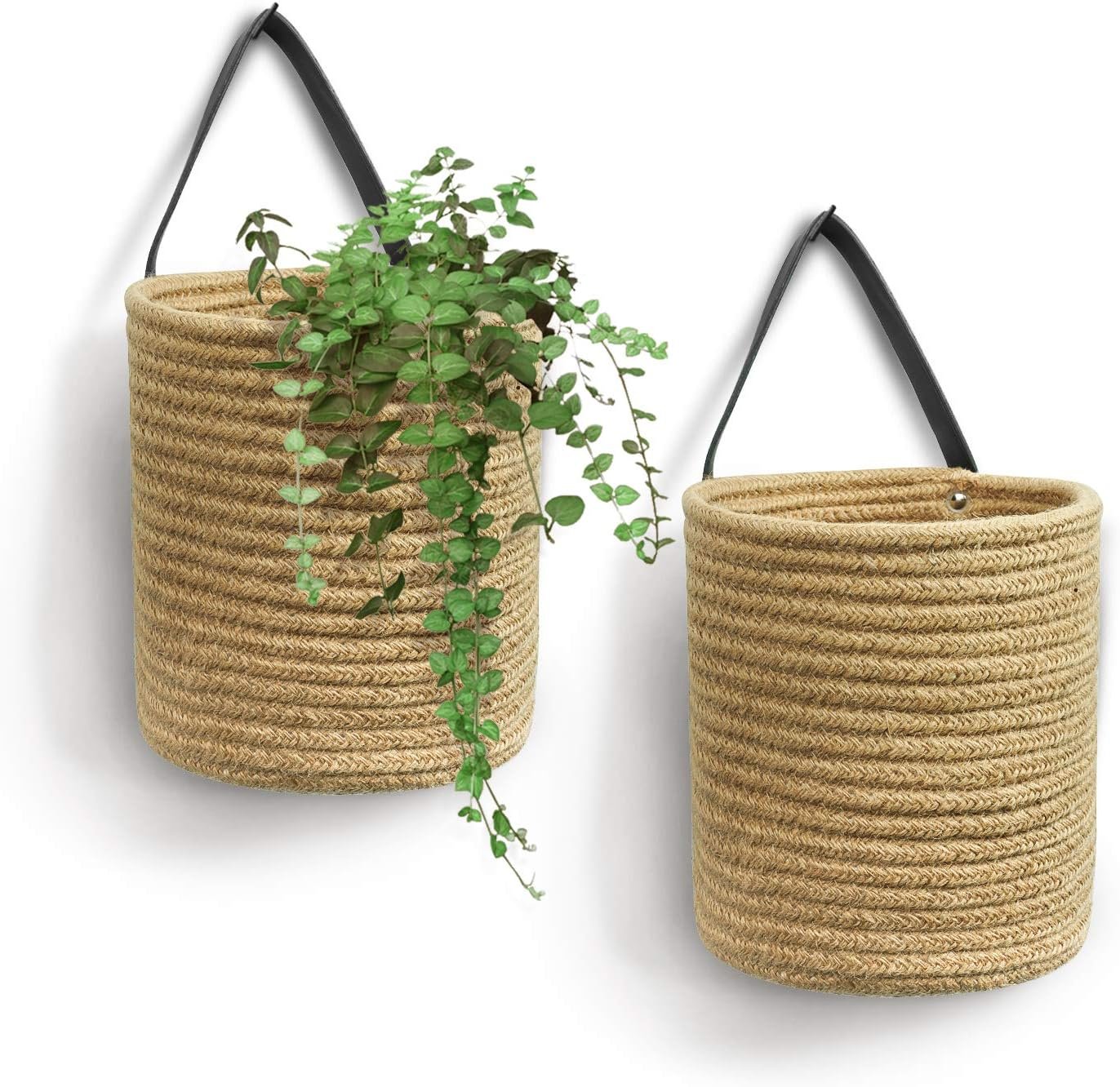 Goodpick 2pack Jute Hanging Basket – Small Woven Fern Hanging Rope Basket Flower Plants Wall Basket Decor Set Boho, 7.87 x 7 x 11.7 inches